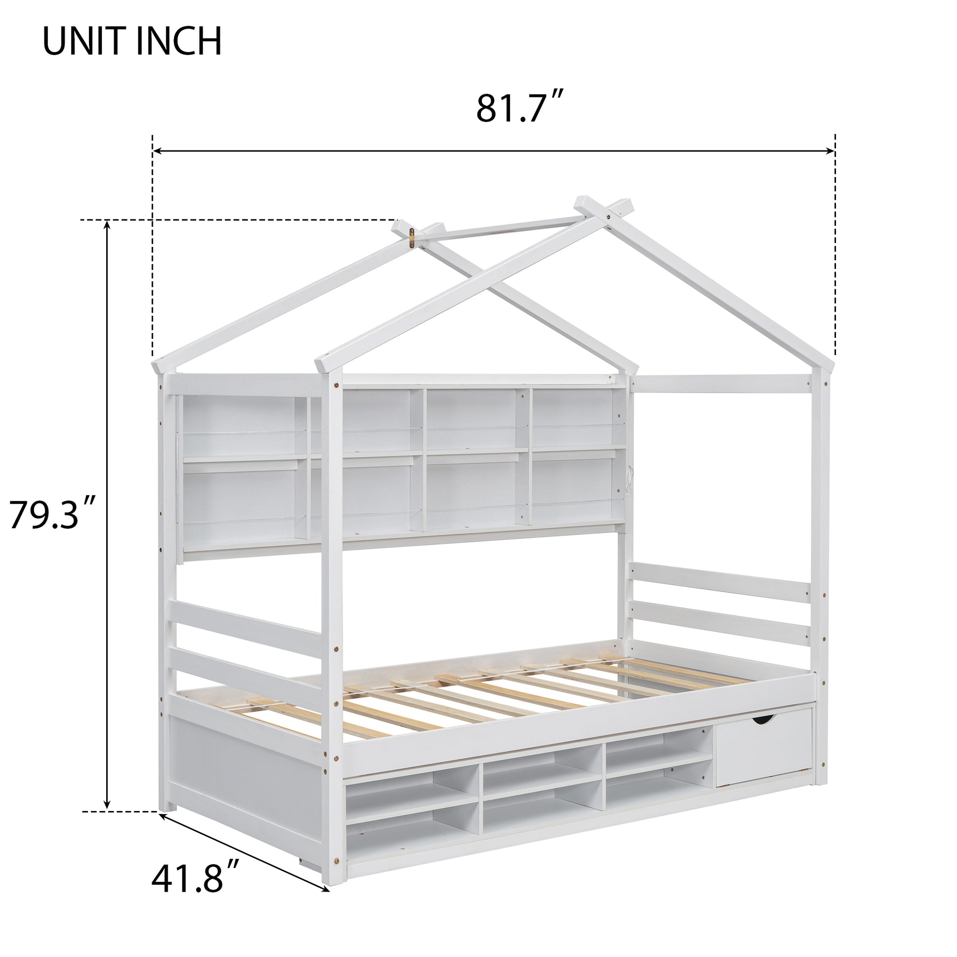 Twin House Bed With Roof Frame, Bedside Shelves, Under Bed Storage Unit,White Twin White American Design Pine