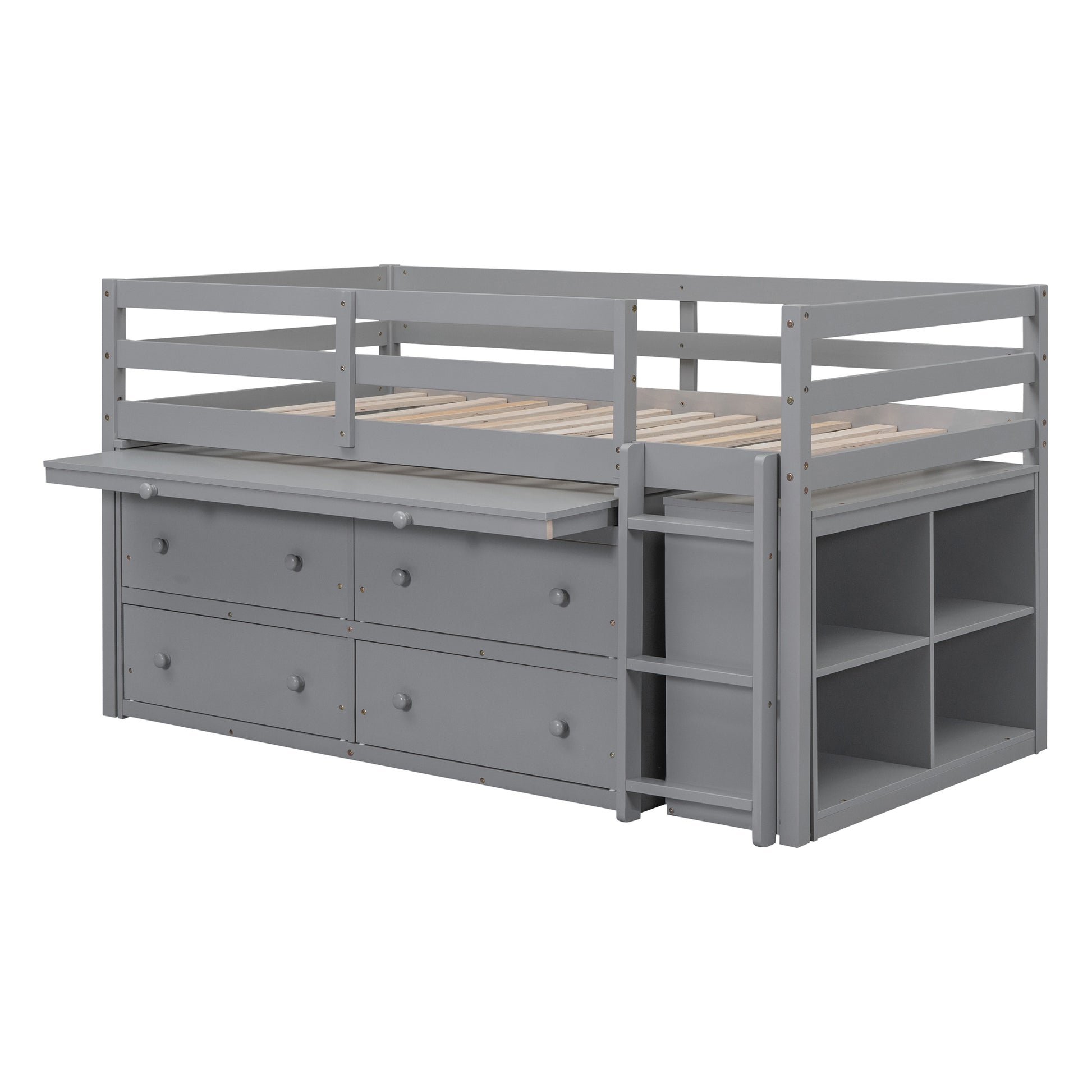 Twin Size Loft Bed With Retractable Writing Desk And 4 Drawers, Wooden Loft Bed With Lateral Portable Desk And Shelves, Gray Gray Solid Wood Mdf