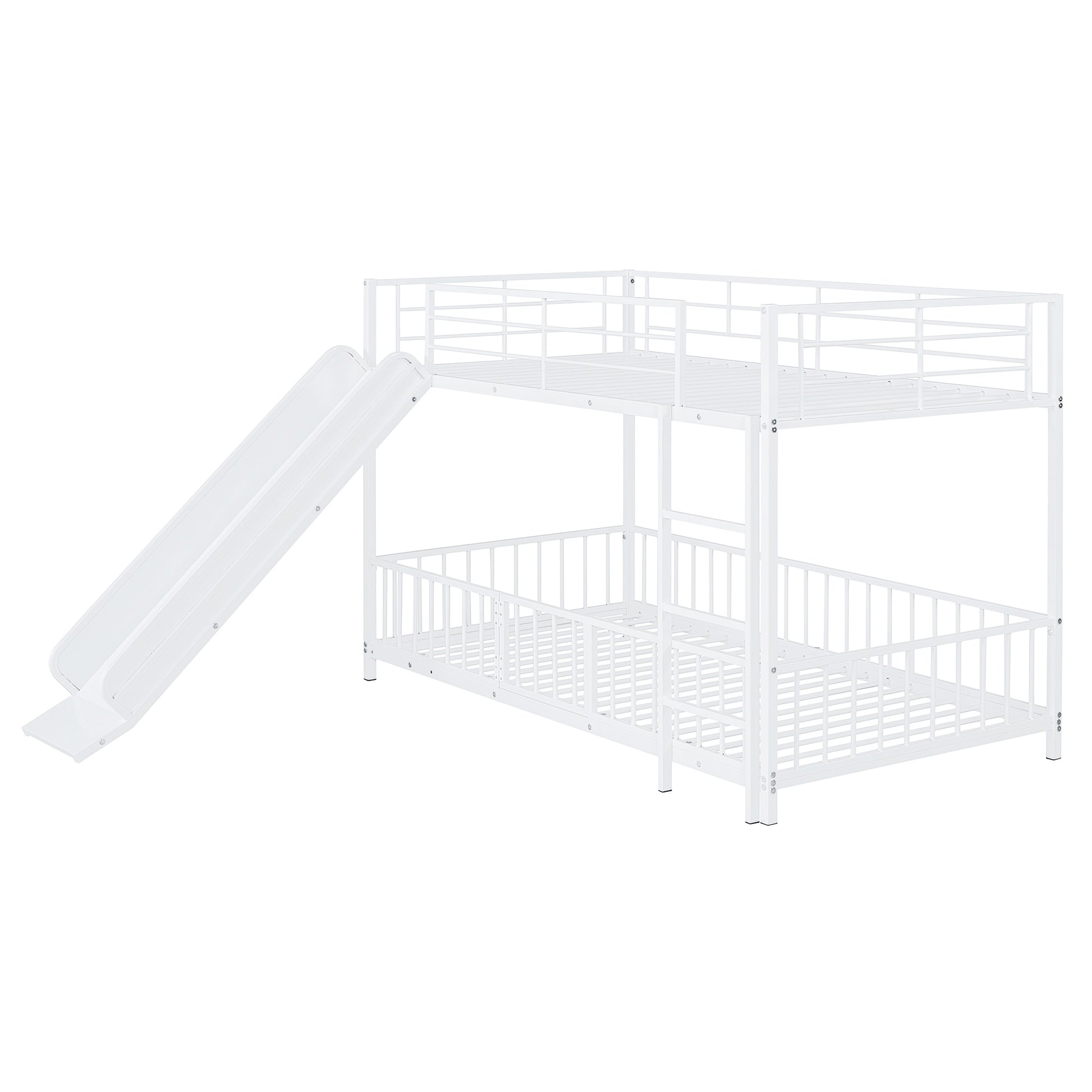 Twin Over Twin Size Metal Bunk Bed With Slide And Guardrails, White Twin White Metal