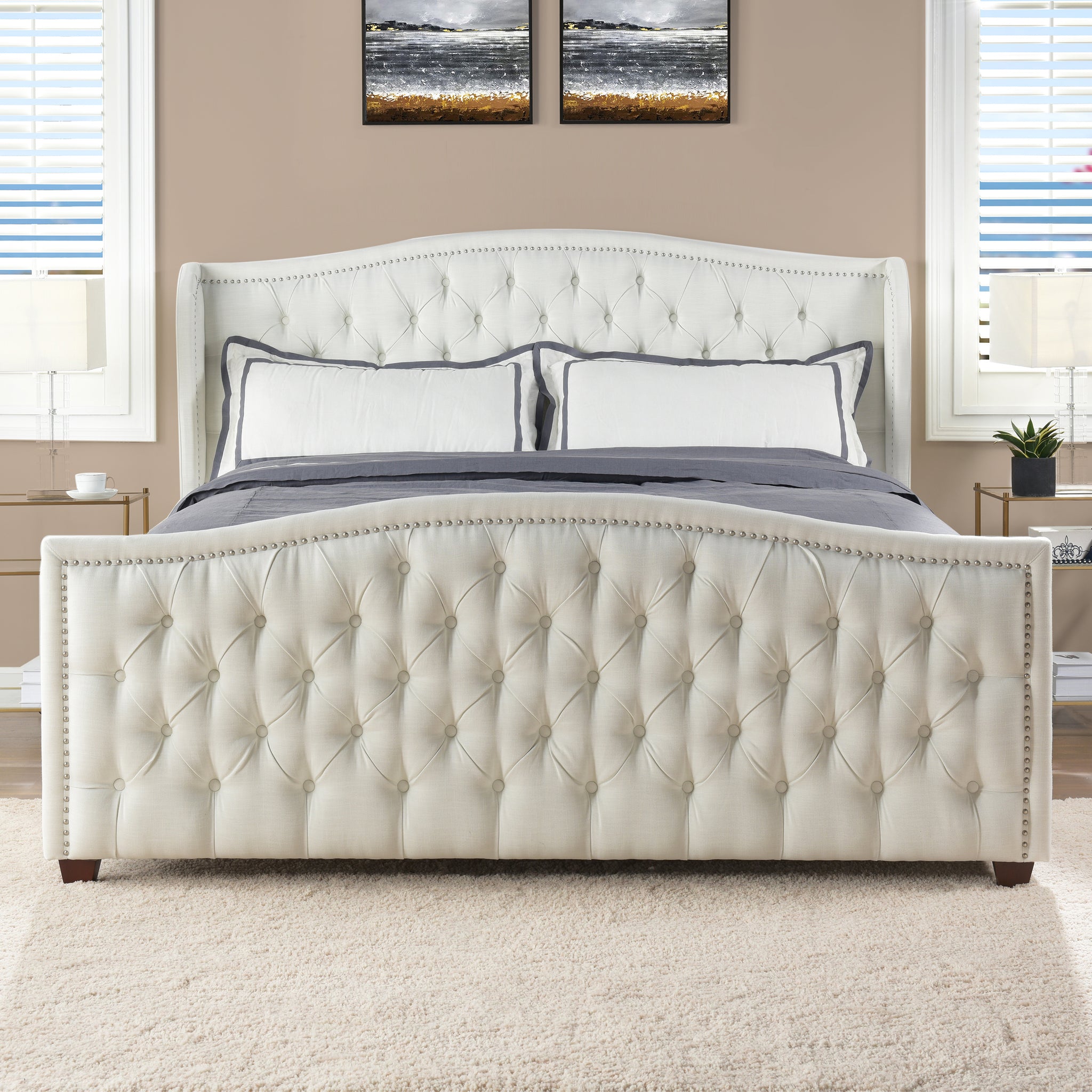 Marcella Upholstered Shelter Headboard Bed Set, California King, Antique White Polyester Box Spring Required California King Antique White Wood Foam Polyester Polyester