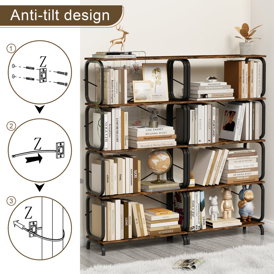 5 Tier Large Book Shelf, Bookcase Home Office Open Bookshelf,Shelves For Living Room, Office Shelf,Vintage Industrial Style Bookshelf With Metal Frame,Rustic Brown Black Primary Living Space