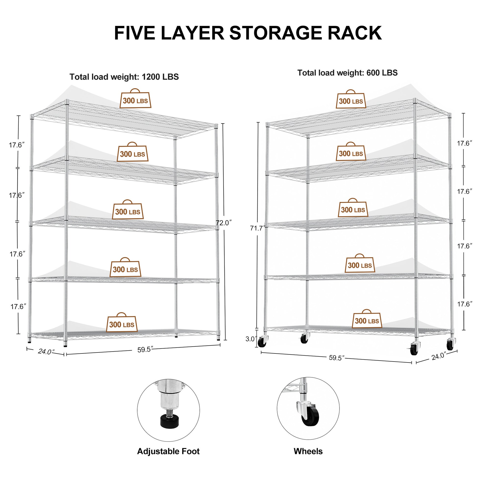 5 Tier Heavy Duty Adjustable Shelving And Racking, 300 Lbs. Per Wire Shelf, With Wheels, Adjustable Feet And Shelf Liners, For Warehouses, Supermarkets, Kitchens, Etc. 59.45 "L 24.02 "W 71.65 "H Silver Steel