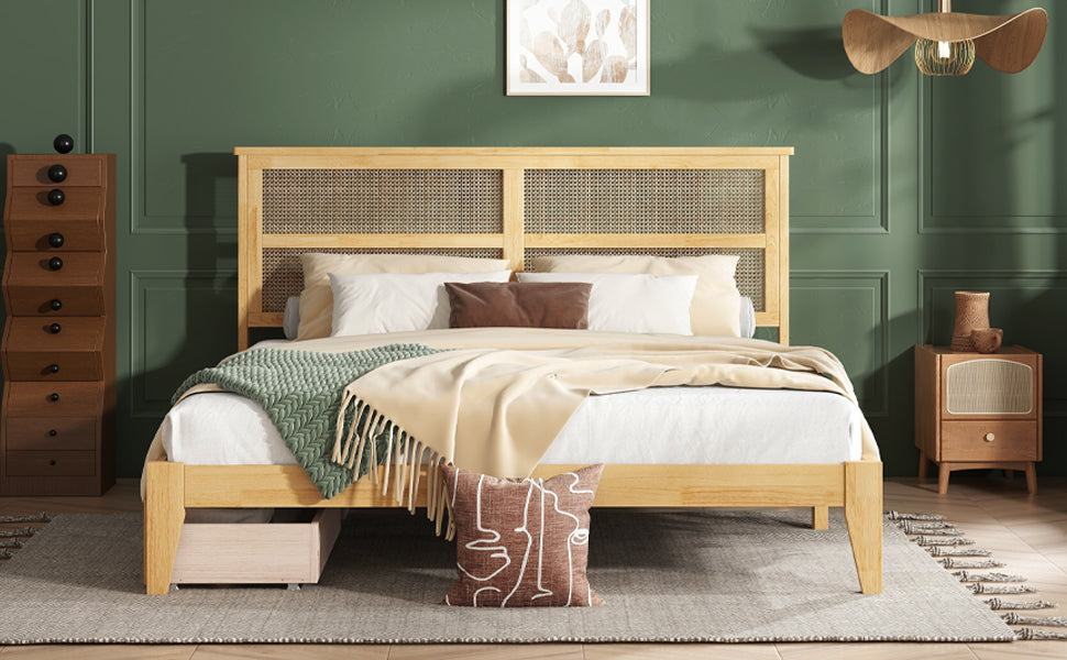 King Size Bed With Rattan Headboard, Two Storage Drawers, Rubber Wood Bed With Enhanced Support Salts And Feet,White Oak King White Oak Rubber Wood