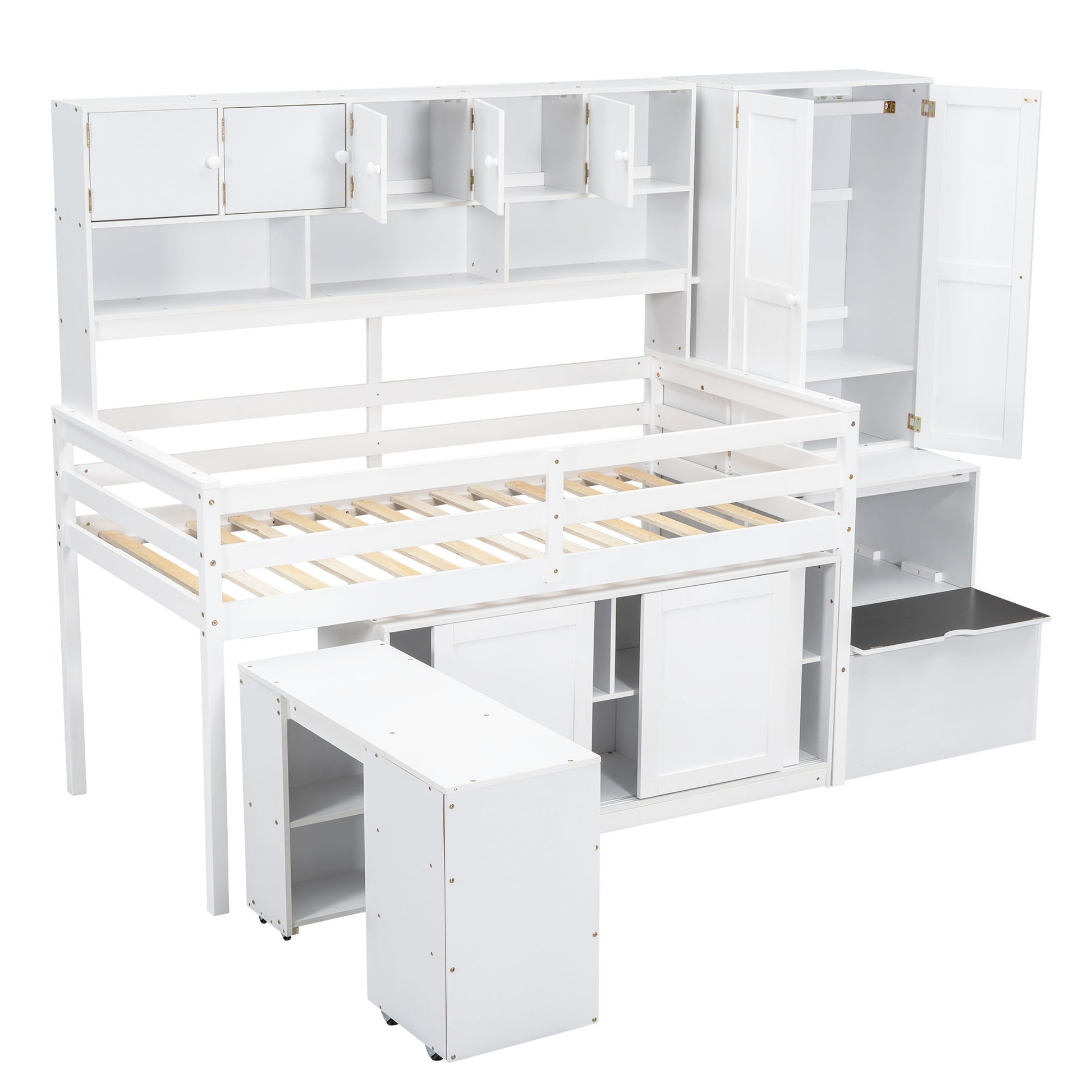 Twin Size Wooden Loft Bed Big Storage With Under Bed Desk, With Drawers, With Shelves, White Twin White Plywood