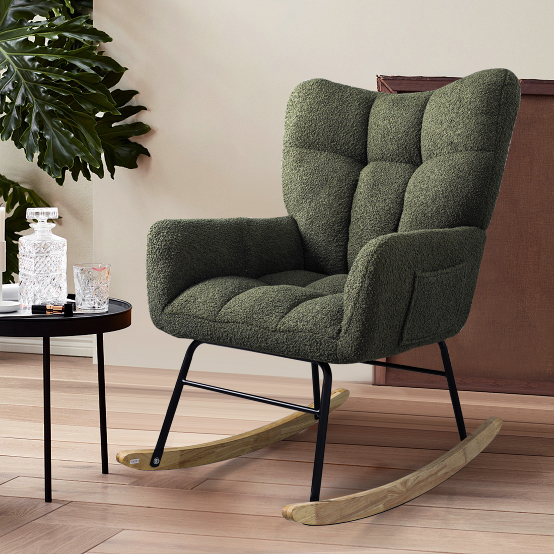 Teddy Fabric Rocking Chair, Modern Rocking Accent Chair For Nursery, Living Room, Bedroom, Deep Green Metal Olive Green Bedroom Foam Modern Rocking Chairs Foam Wood Metal