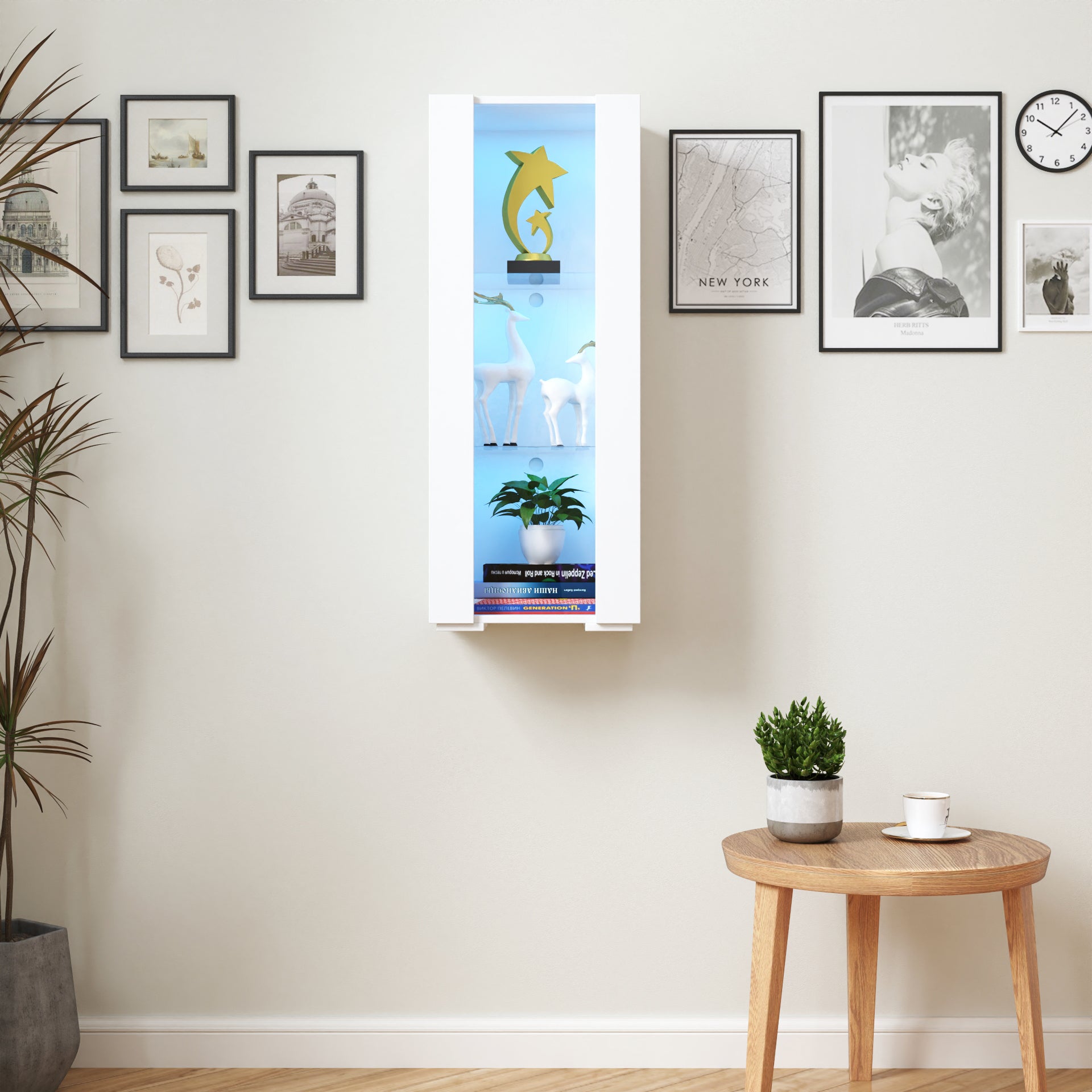 Storage Cabinets With Aluminum Strip Lamp,With Glass Shelves, For Living Room Bedroom Office White Particle Board Mdf