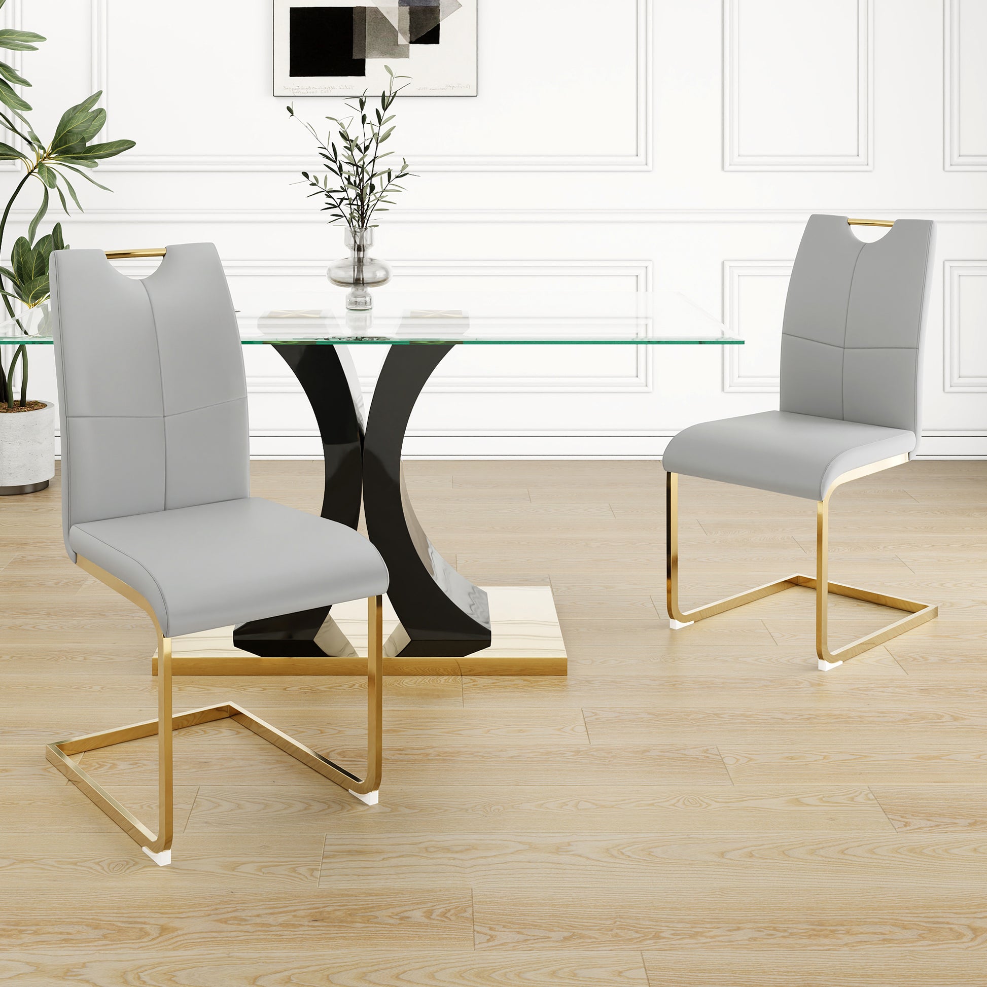 Modern Style Glass Dining Table, Elegant Transparent Design, Solid Support Base, Grey Dining Chair Set, Gold Plated Chair Legs, Suitable For Restaurant Kitchen Use Set Of 5 Grey Gold Seats 4 Mdf Glass