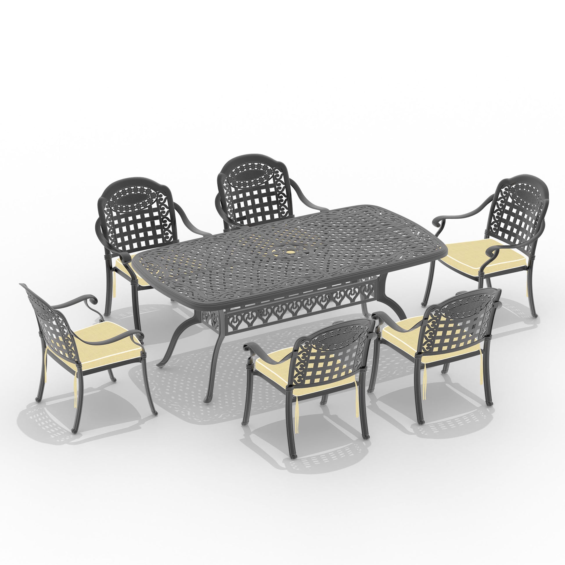 Cushions In Random Colors 7 Piece Set Of Cast Aluminum Patio Furniture With Cushions Yes Black Seats 6 Rust Resistant Frame Water Resistant Cushion Garden & Outdoor Aluminium