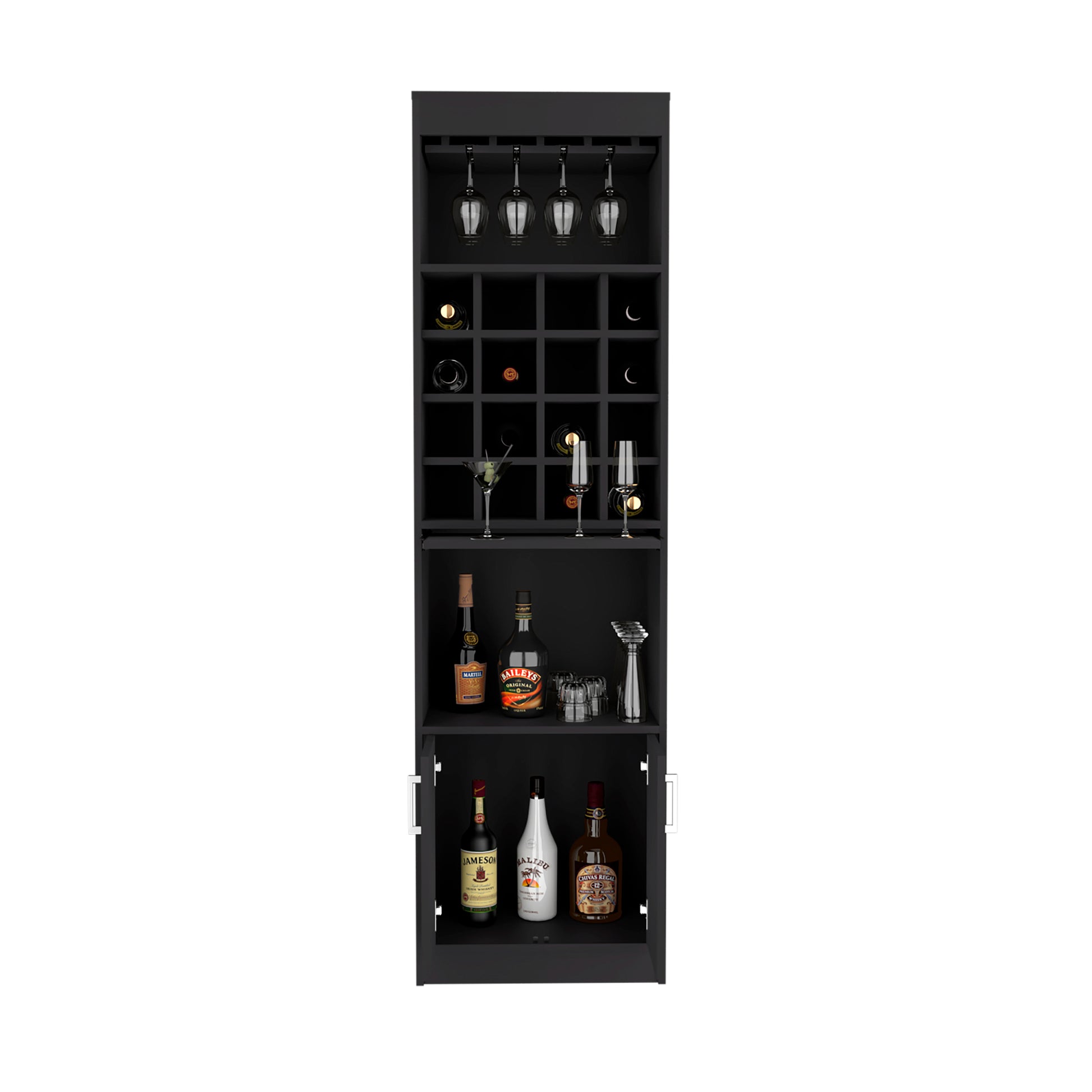 Being Kava Bar Cabinet, Double Door, Two Shelves, Sixteen Built In Wine Rack Black Primary Living Space Modern Shelves Included Particle Board