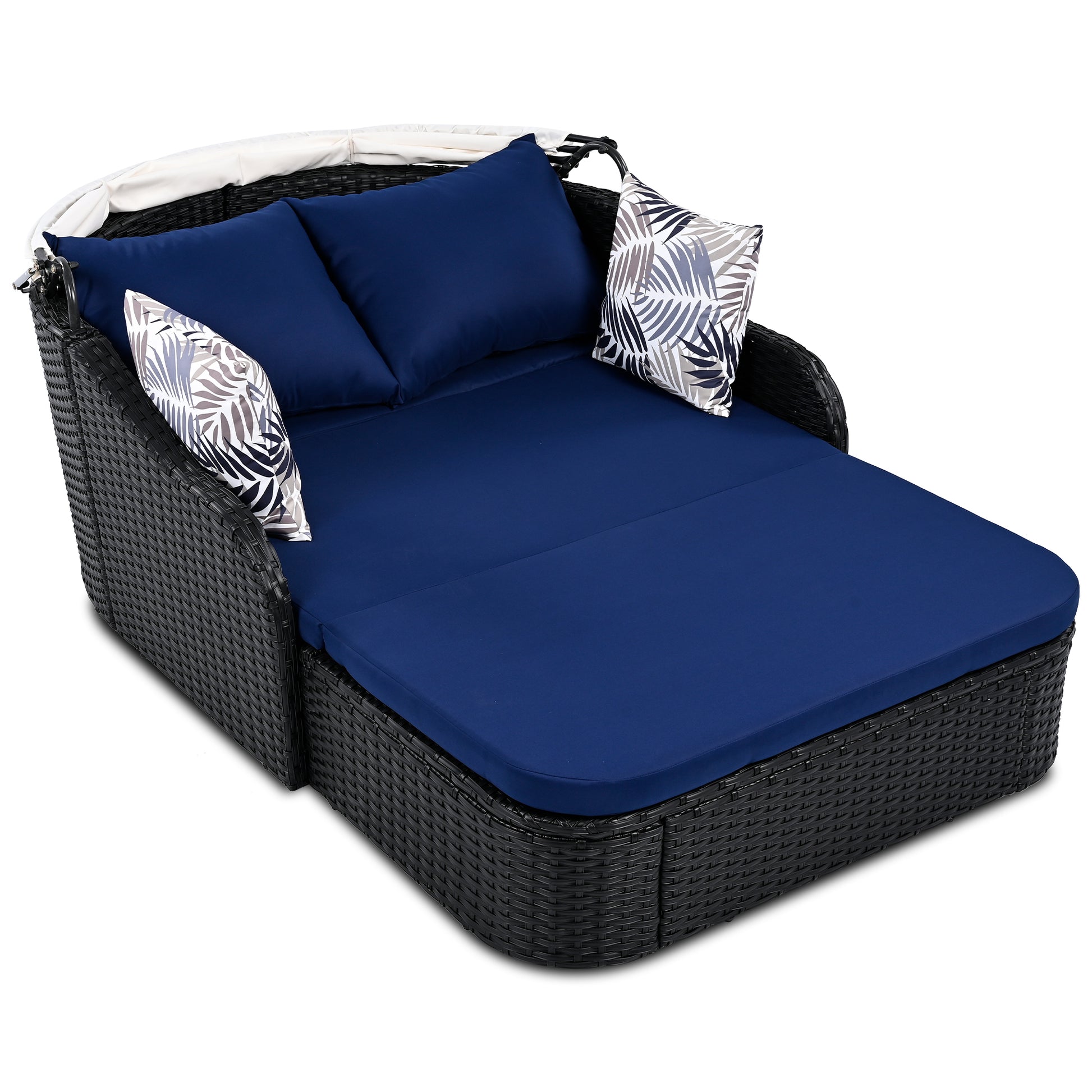 79.9" Outdoor Sunbed With Adjustable Canopy, Double Lounge, Pe Rattan Daybed, Black Wicker And Blue Cushion Yes Black Blue Wicker