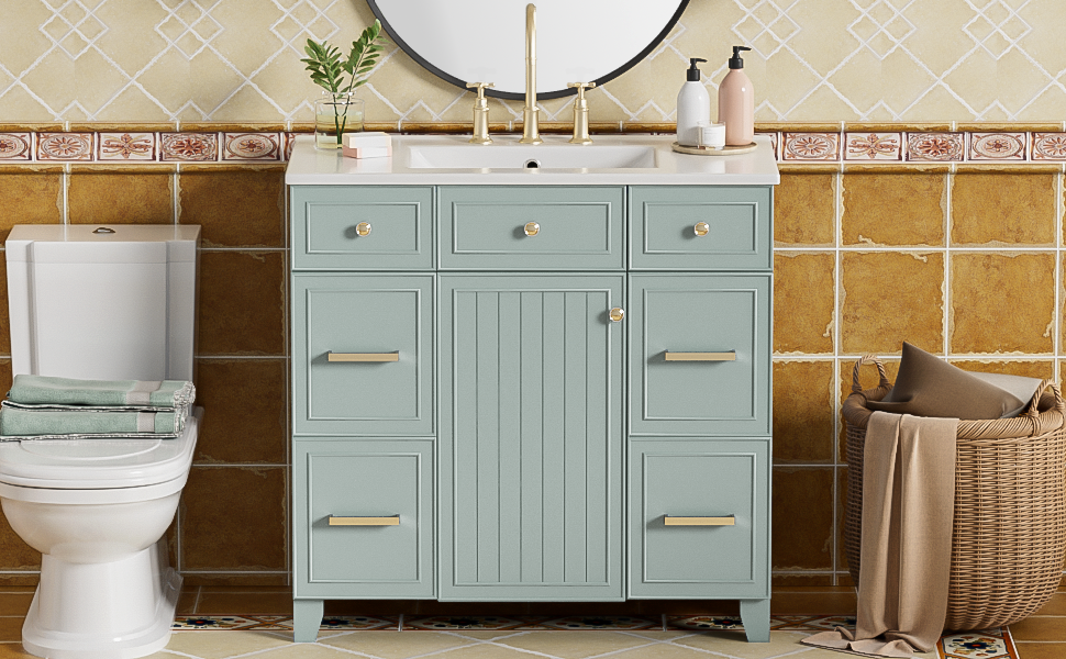 36" Bathroom Vanity With Ceramic Sink, Green, Solid Wood Frame, Soft Close Doors, Adjustable Shelves, 3 Drawers ,Including Double Depth Drawer For Hairdryer Storage Old Sku:Sv000003Aag 1 Green