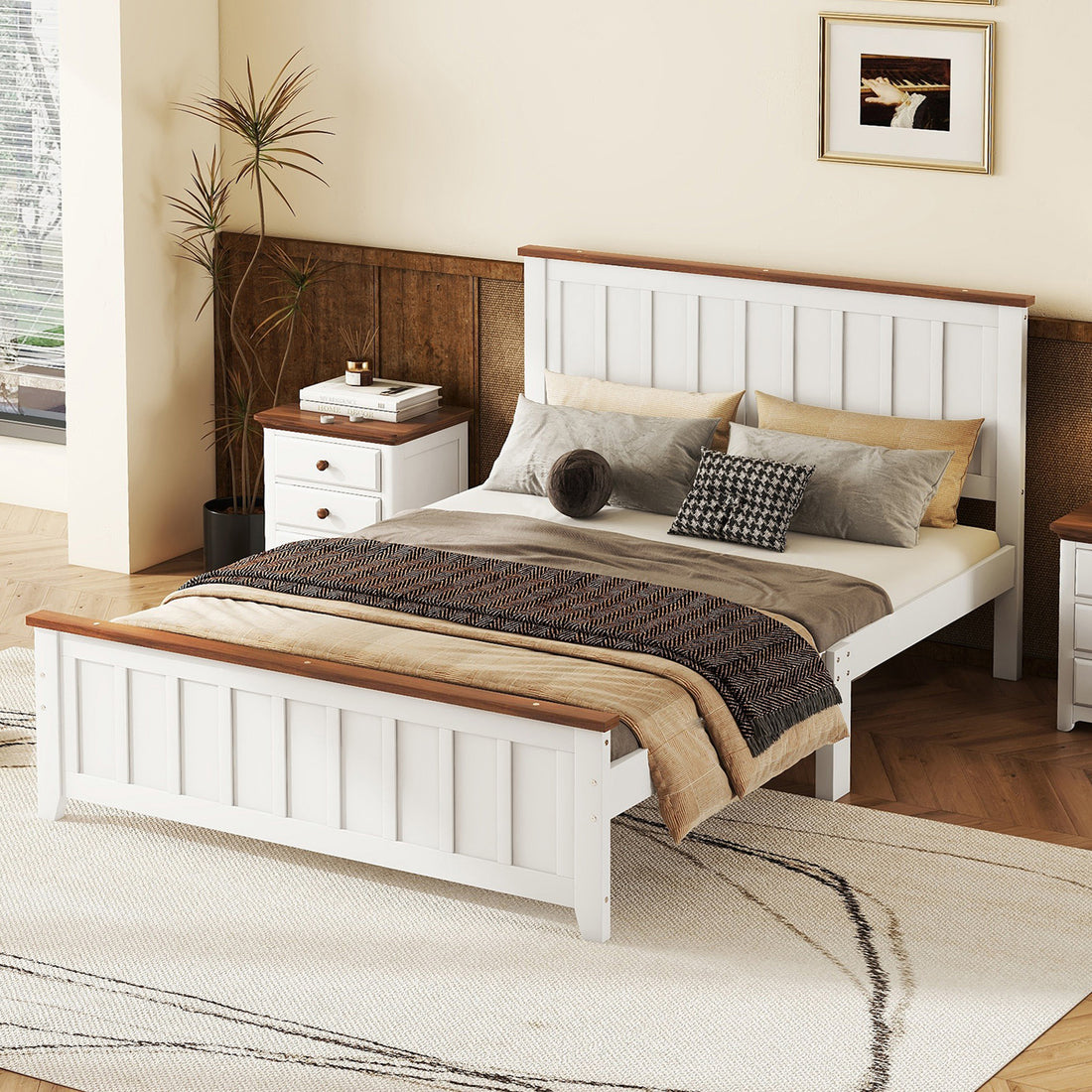 Full Size Wood Platform Bed Wooden Slat Support, Vintage Simple Bed Frame With Rectangular Headboard And Footboard, White Box Spring Not Required Full White Wood