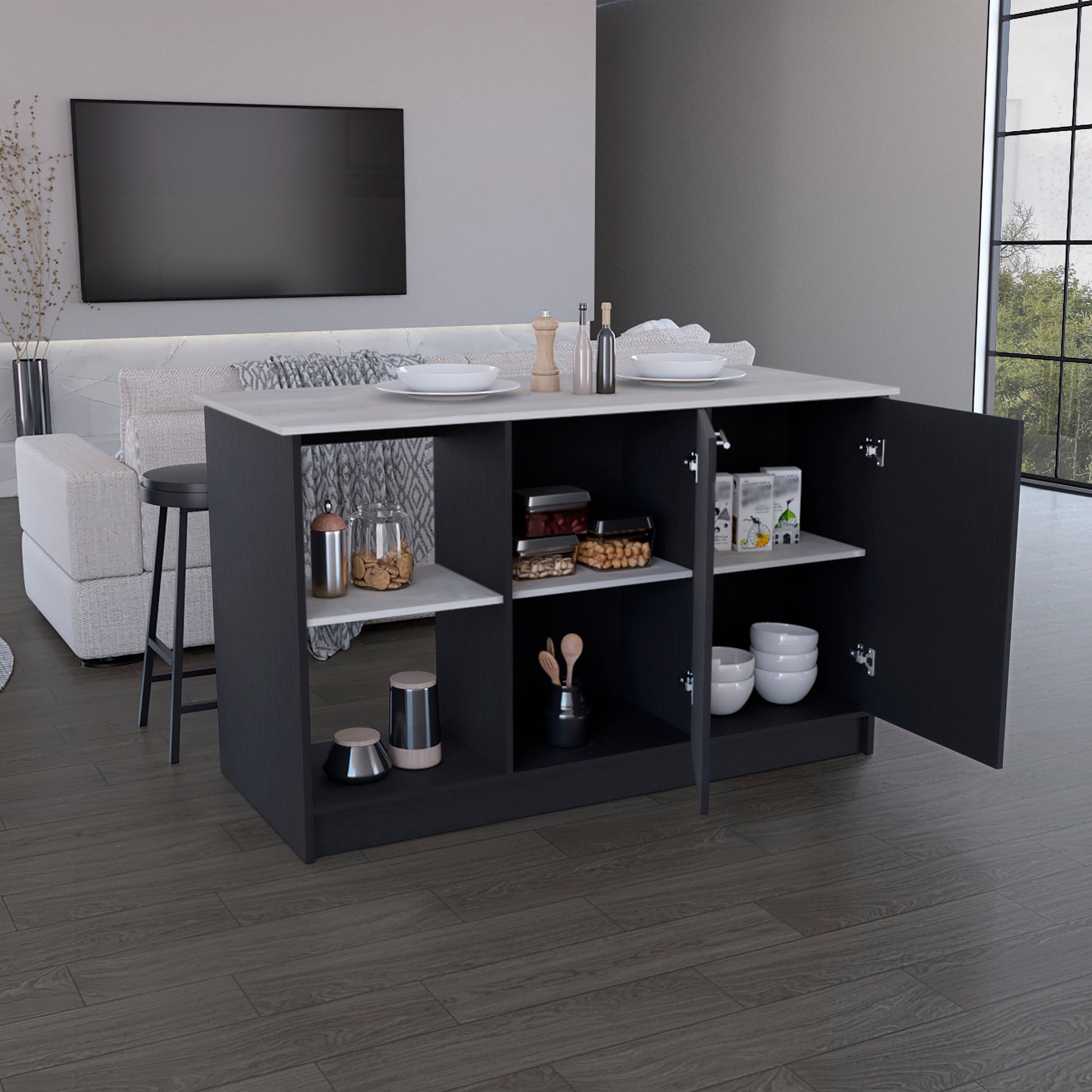 Kitchen Island With Large Countertop, Open Storage Shelves And Double Door Cabinet, Black Onyx Black Solid Wood Mdf Engineered Wood