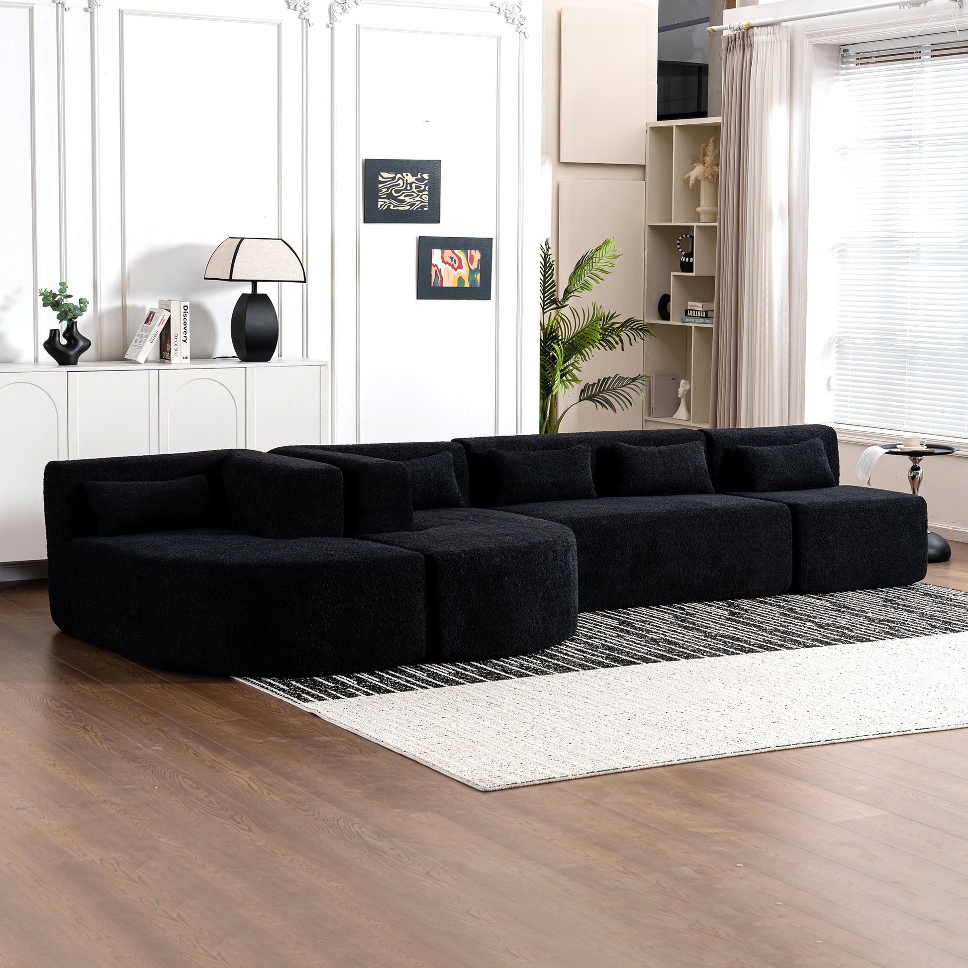 143.7" Upholstered Sofa Free Combined Sofa Couch With Two Chaise Lounge And Five Back Pillows For Living Room, Black Black Foam Polyester 5 Seat