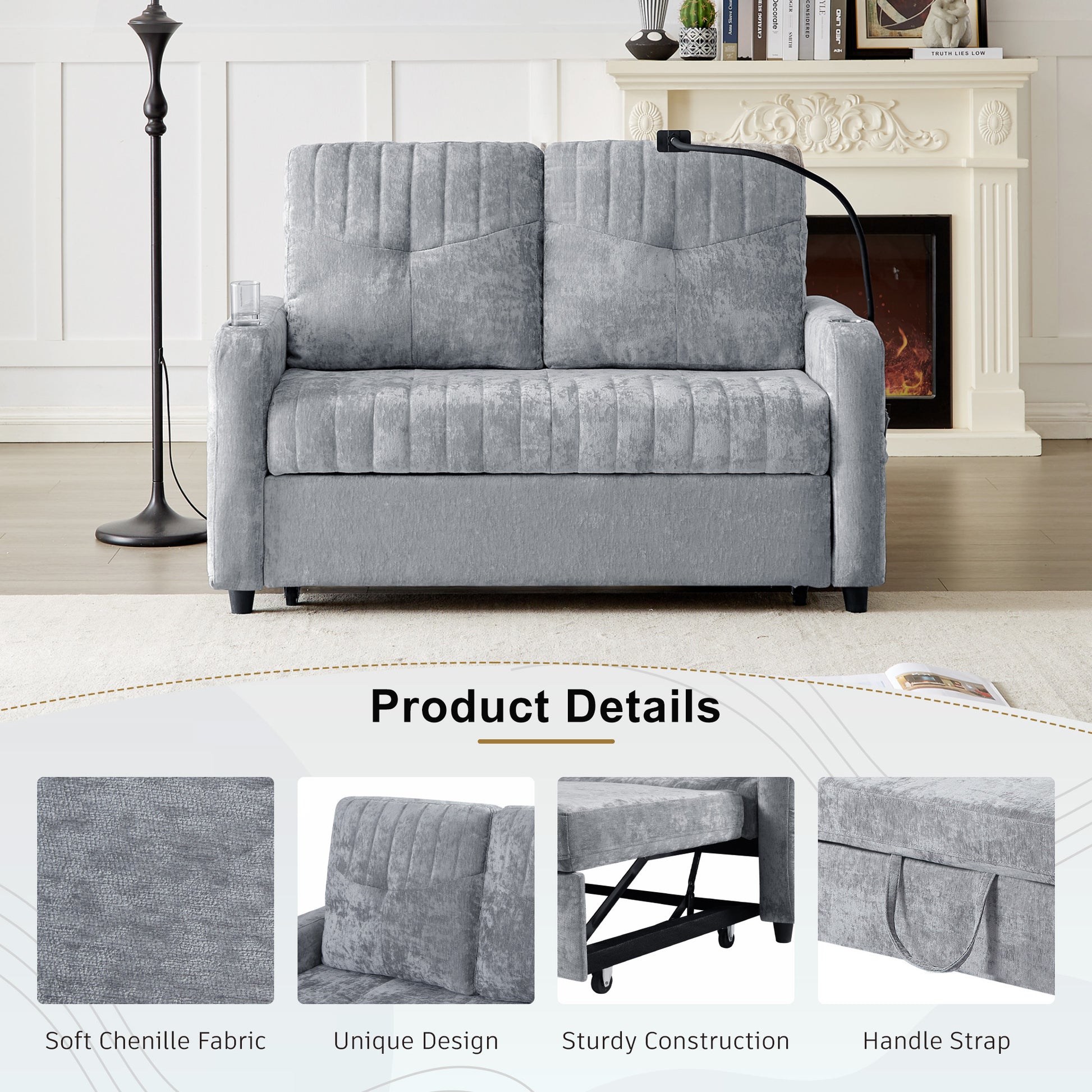 53.9" Modern Loveseat Pull Out Sofa Bed With Adjustable Backrest, Two Cup Holdersa Phone Holder, Three Charging Ports And Side Storage Pockets For Living Room, Grey Grey Foam Chenille