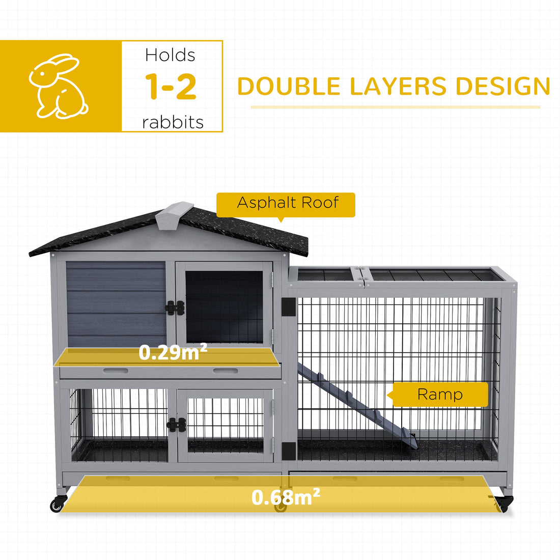 Pawhut Rabbit Hutch 2 Story Bunny Cage Small Animal House With Slide Out Tray, Wheels, For Indoor Outdoor, 59.8" X 20.9" X 39.2", Gray Grey Wood