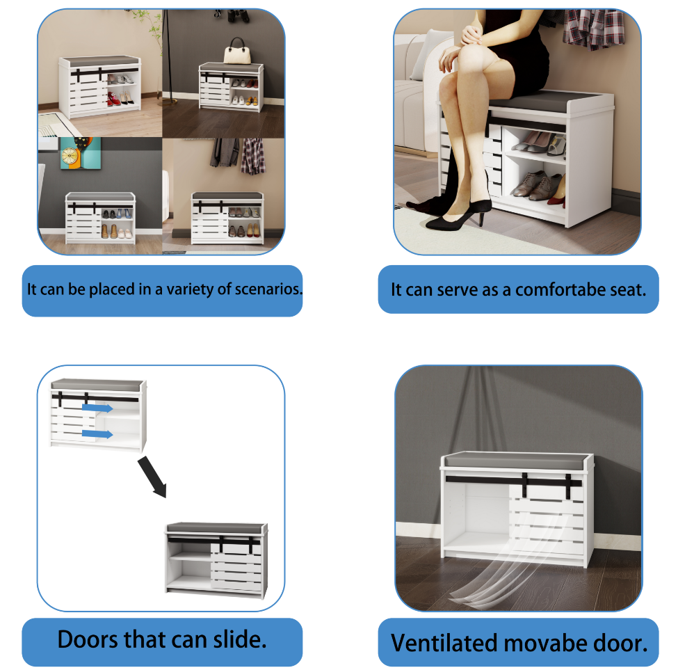 Modern Shoe Storage Bench, 2 Tier Entryway Bench With Sliding Barn Door & 2 Adjustable Shelves & Full Soft Removable Seat Cushion For Entryway, Hallway, Bedroom White White Mdf