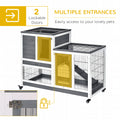 Pawhut Wooden Rabbit Hutch Elevated Bunny Cage Indoor Small Animal Habitat With Enclosed Run With Wheels, Ramp, Removable Tray Ideal For Guinea Pigs, Grey Grey White Wood