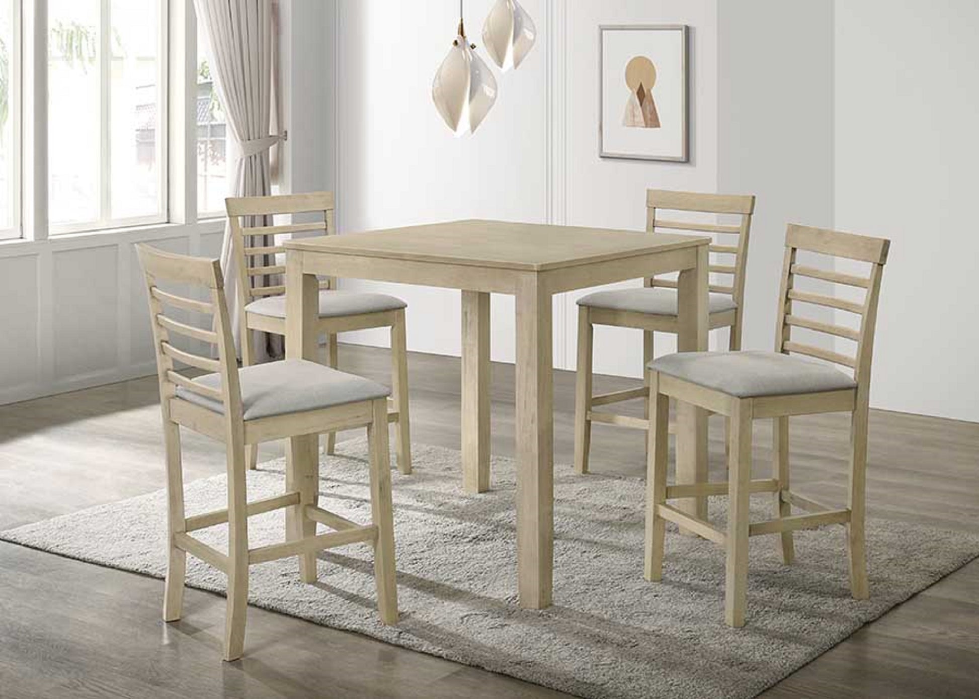 Beautiful Cream Color Counter Height 5Pc Dining Set Pub Height Square Dining Table Cream Upholstered Chair Dining Room Set Wooden Wood Dining Room Fixed Table Square Dining Table With Chair Wood