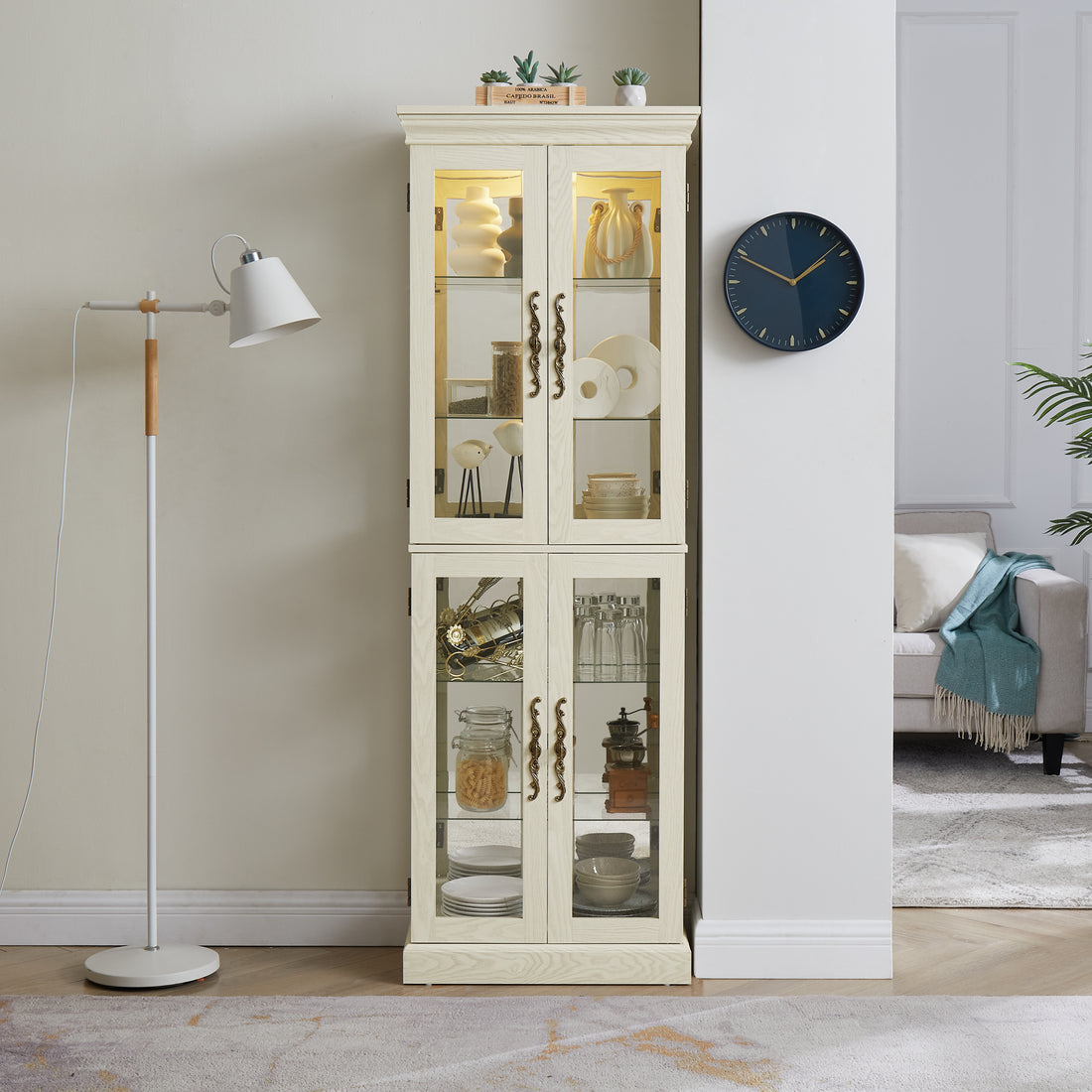 Lighted Glass Curio Display Cabinet,Display Cabinet,Glass Storage Cabinet Glass Wine Cabinet Wood Frame Toy Display For Living Room, Kitchen, Pantry Light Bulb Included Antique White Antique White Mdf