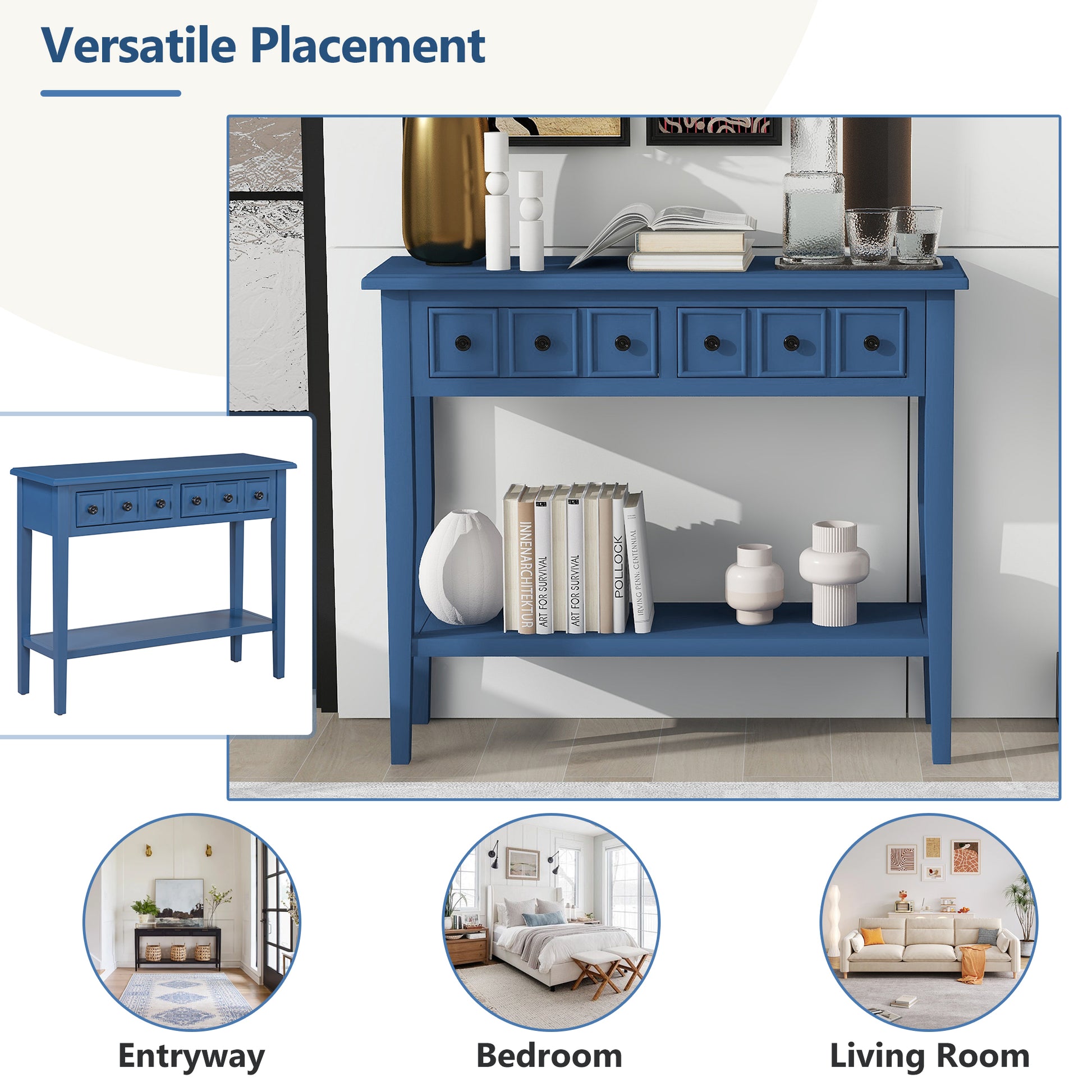 Entryway Table With 2 Drawers, Rustic Console Table With Open Shelf And Rubber Wood Legs For Entryways, Living Rooms, And Hallways Navy Navy Mdf,Rubber Wood