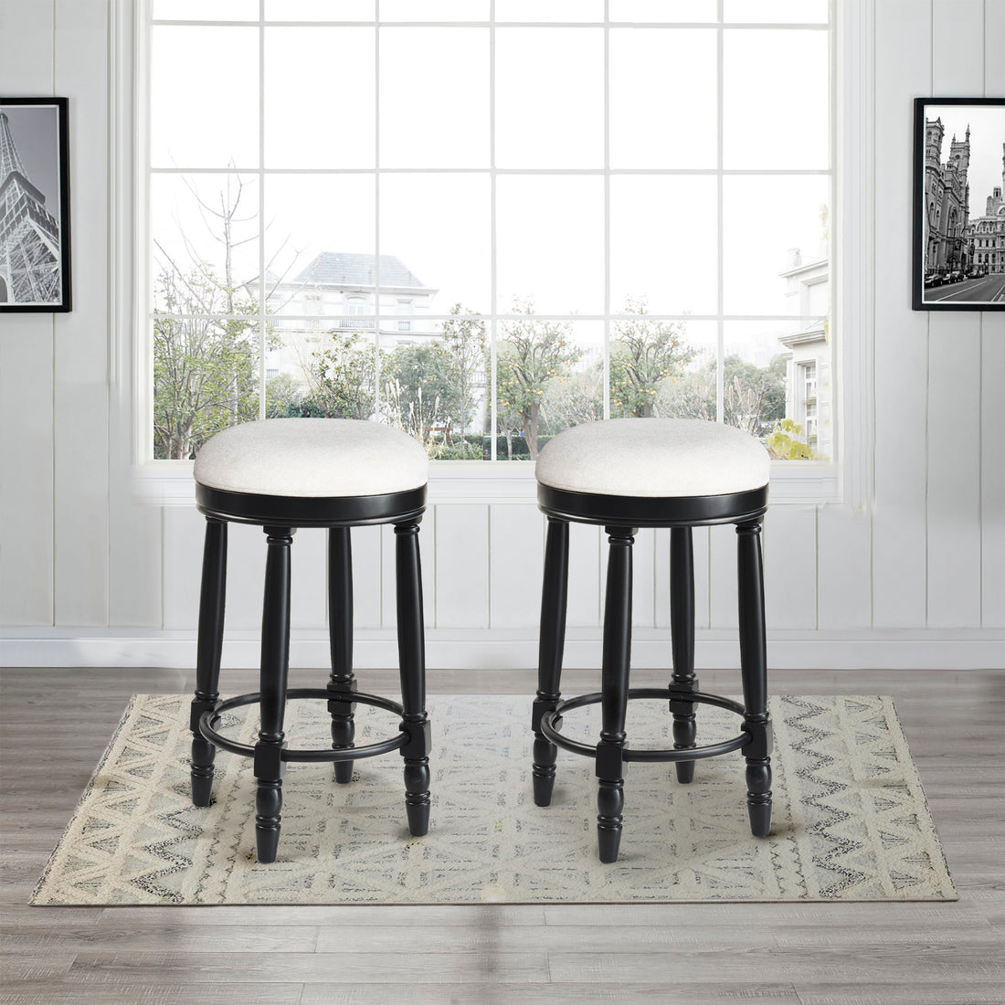 Bar Stools Set Of 2 Black Color, 360 Degree Swivel, Accent Wooden Swivel Seat Counter Height Bar Stool,White Cushion Seat, Barstool Perfect For Dining And Living Room Height 26" Cushion Solid White