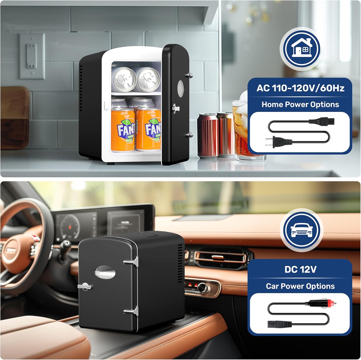 9 Cans Compact Mini Fridge, Warmer And Cooler Portable Refrigerator With Observation, Freon Free & Eco Friendly, 6L With Window, Black Black Polypropylene