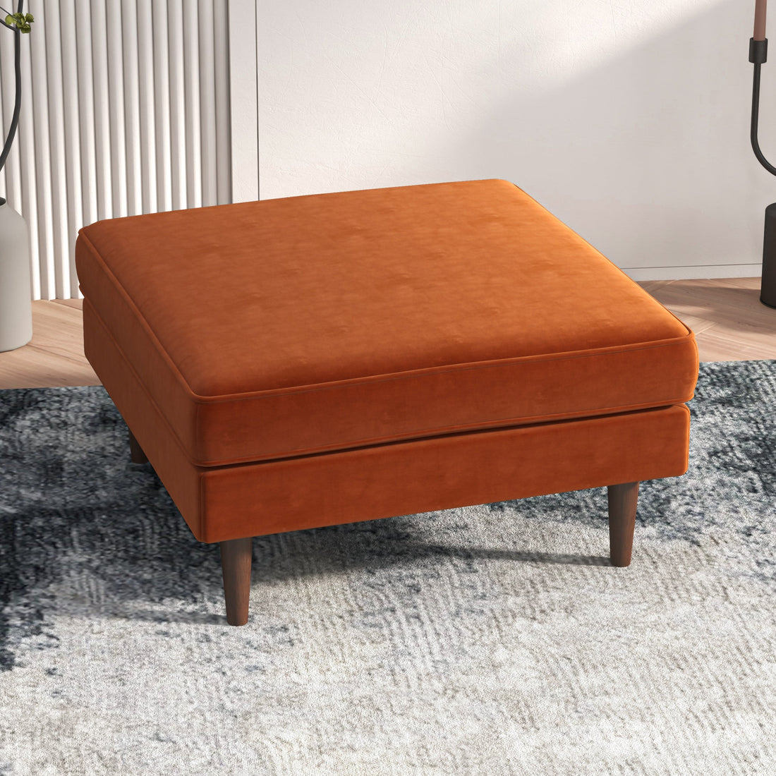 Amber Square Upholstered Ottoman Burnt Orange Velvet Burnt Orange Velvet Wood Medium Firm Backless Orange Mid Century Modern Square Armless Foam Solid Wood,Velvet