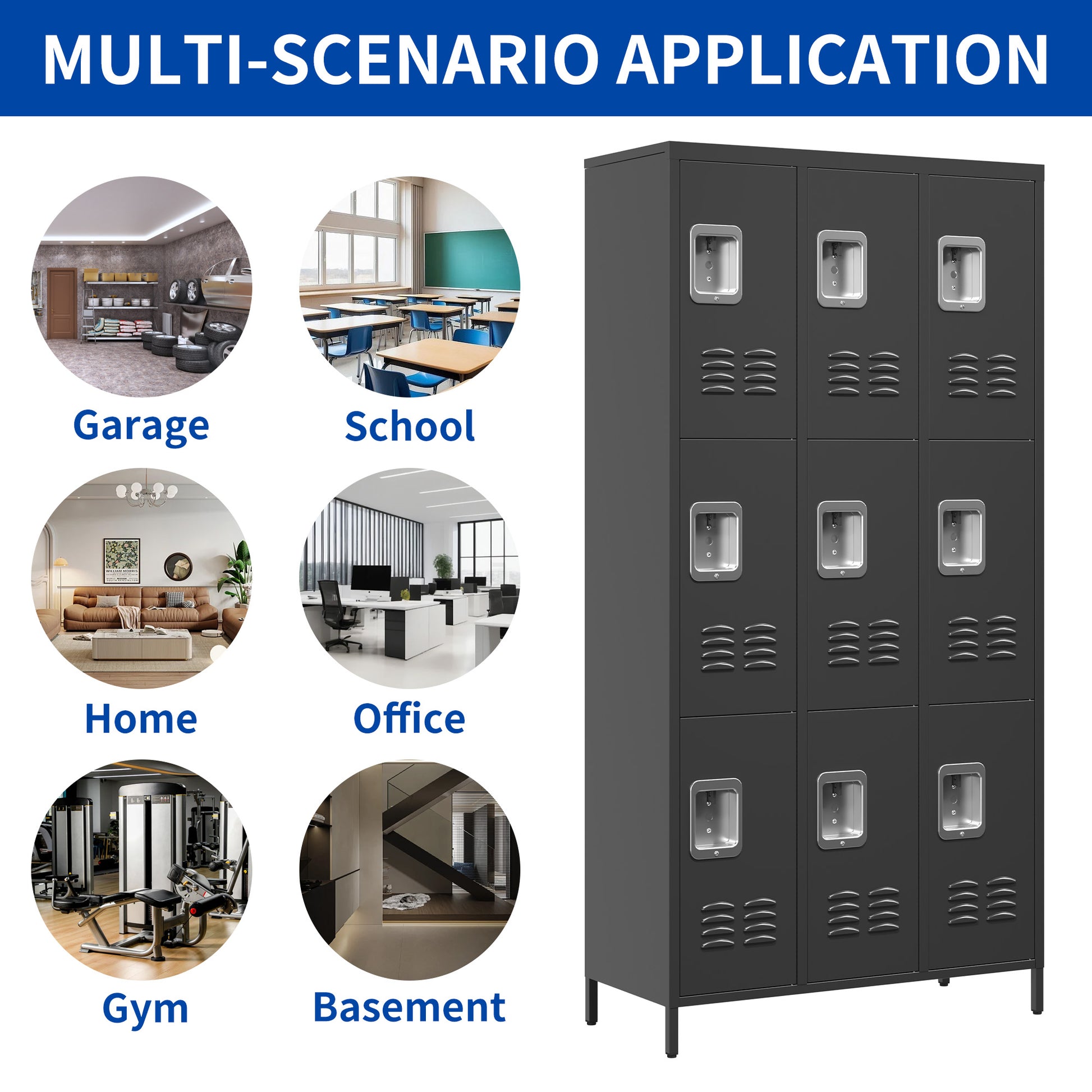 9 Door 72"H Metal Lockers With Lock For Employees,School,Office,Gym,Bedroom,Storage Locker Cabinet,Gray,Assembly Required,Black 5 Or More Spaces Black Primary Living Space Door Locks Modern Metal