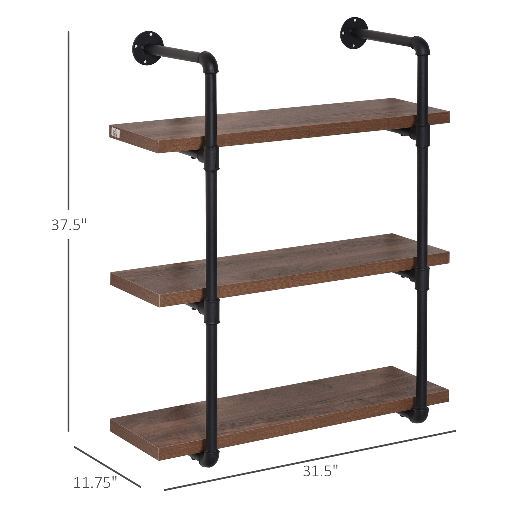 Homcom 3 Tier Industrial Pipe Shelves, Floating Wall Mounted Bookshelf, Metal Frame Display Rack For Living Room Or Bedroom, Rustic Brown Brown Mdf