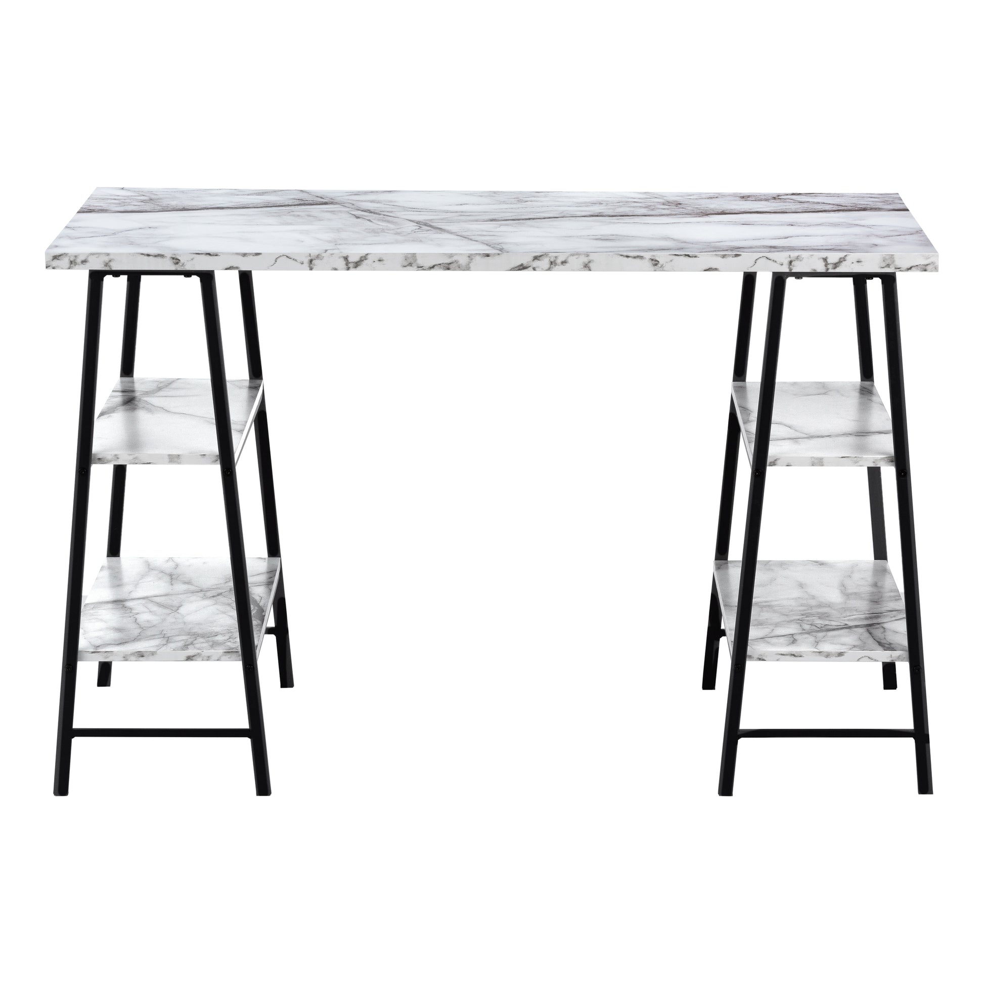 Computer Desk, Home Office, Laptop, Storage Shelves, 48"L, Work, White Marble Look Laminate, Black Metal, Contemporary, Modern White Metal