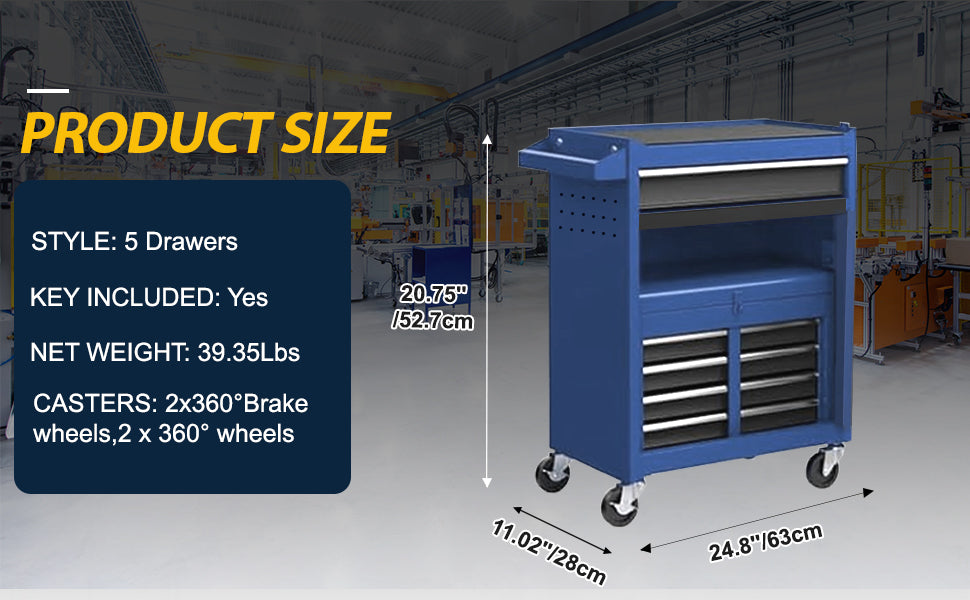 Tool Chest,5 Drawer Rolling Tool Storagecabinet With Enhanced Packaging, Detachabletop Tool Box, Metal Tool Cart For Garageworkshop Blue Gray Iron