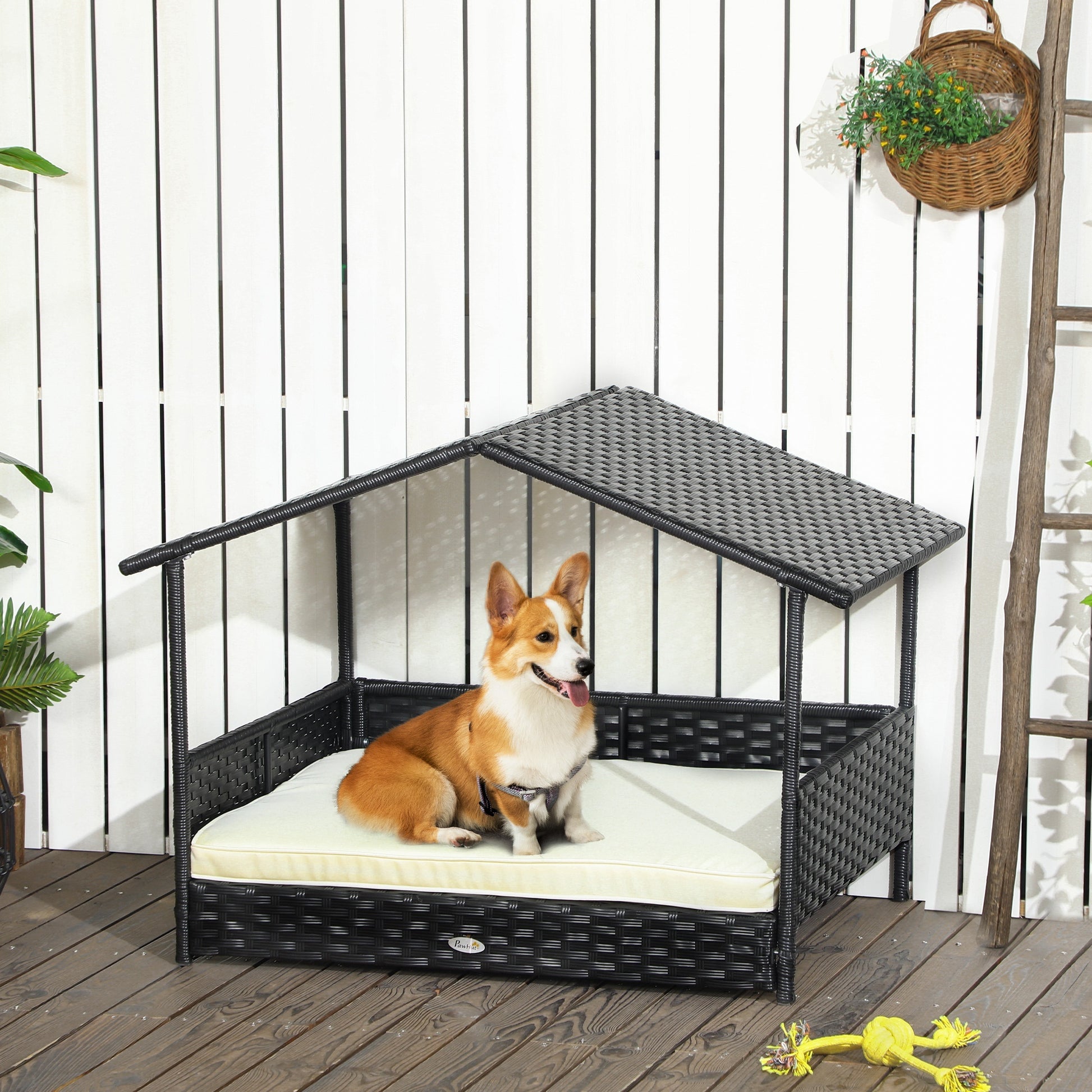 Pawhut Wicker Dog House Outdoor With Canopy, Rattan Dog Bed With Water Resistant Cushion, For Small And Medium Dogs, Cream White White Rattan