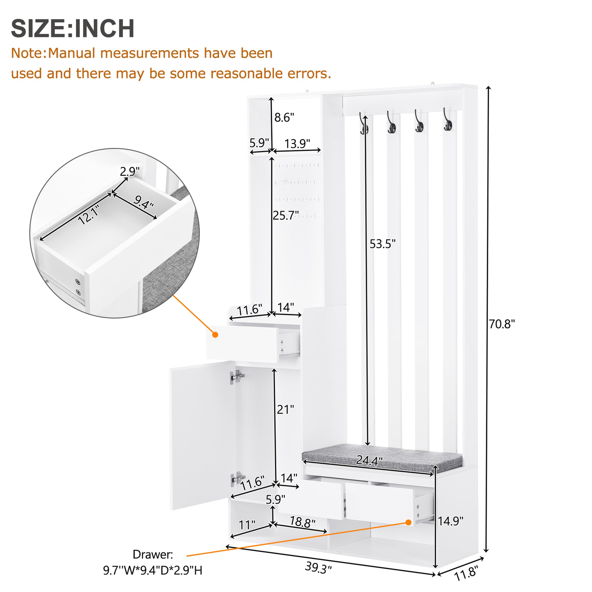 Contemporary 39.3''Wx70.8''H Hall Tree Storage With Cushioned Storage Bench, Multifunctional Hallway Shoe Cabinet With Pegboard, Modern Coat Rack With 4 Hooks For Entryway, Mudroom, White White Mdf