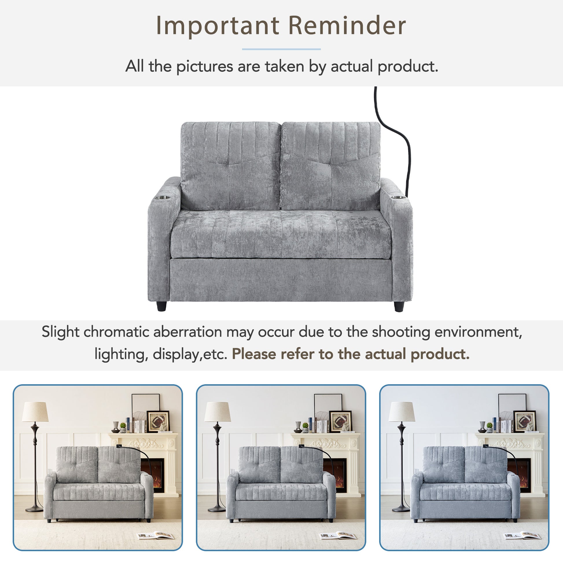 53.9" Modern Loveseat Pull Out Sofa Bed With Adjustable Backrest, Two Cup Holdersa Phone Holder, Three Charging Ports And Side Storage Pockets For Living Room, Grey Grey Foam Chenille