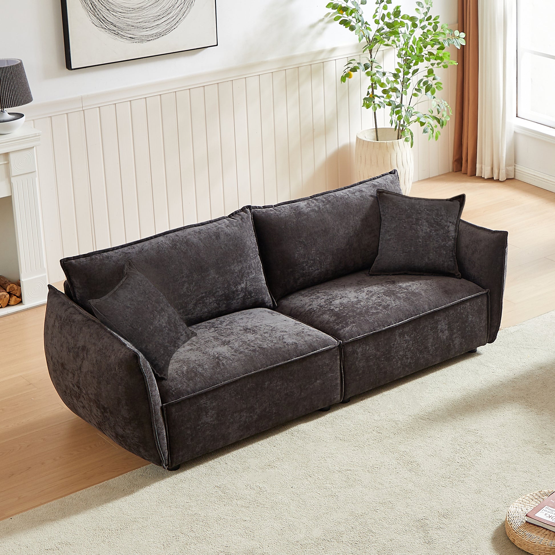 3 Seater 3 Seater Combo Sofa Modern Living Room Sofa, Linen Fabric Sofa, Wooden Frame With 4 Pillows, Apartment Sofa Furniture Black Chenille Wood Primary Living Space Pine Foam Fabric 6 Seat