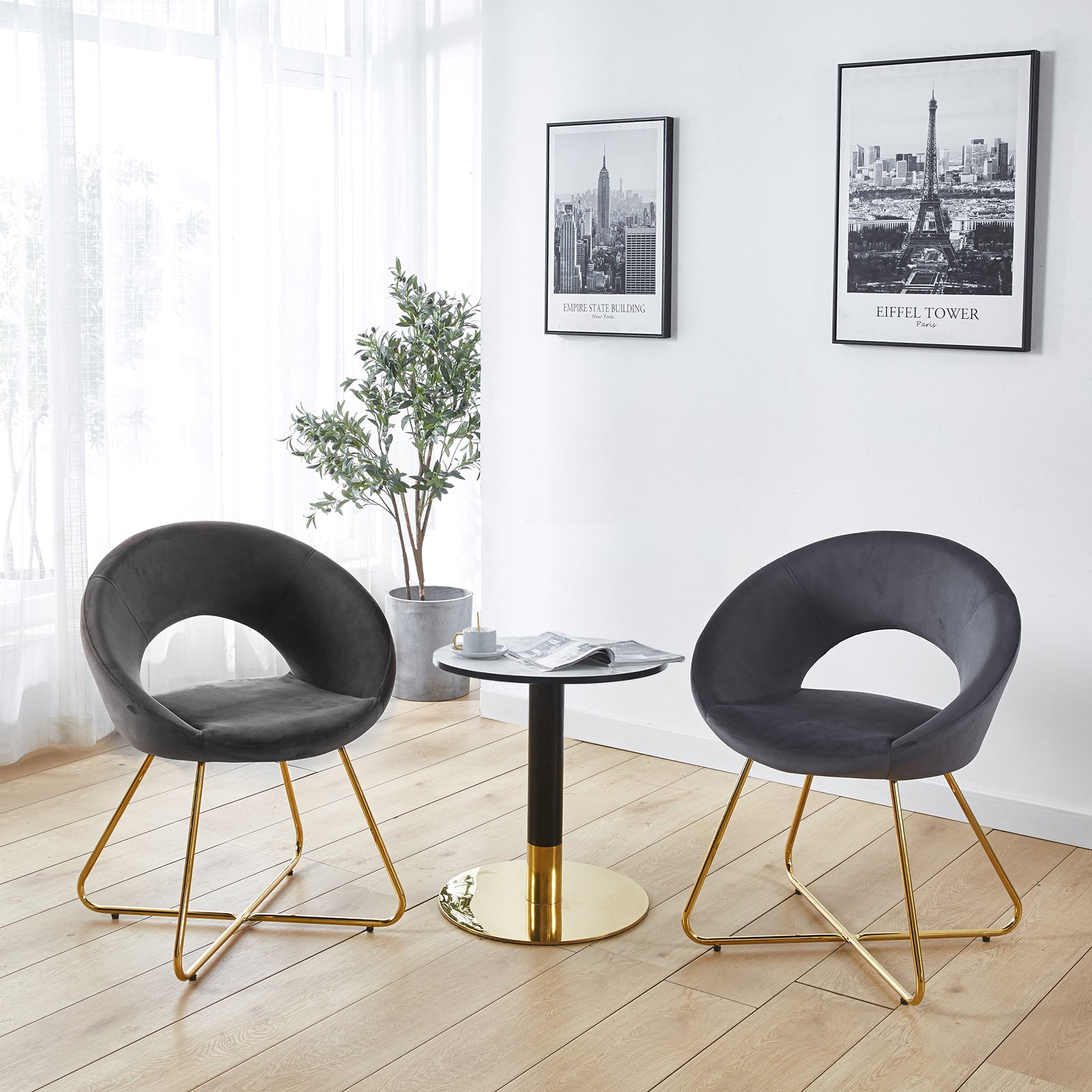 Modern Accent Velvet Chairs Set Of 2 Dining Chairs Single Sofa Comfy Upholstered Arm Chair Living Room Furniture Mid Century Leisure Lounge Chairs With Golden Metal Frame Legs Grey Velvet