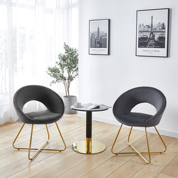 Modern Accent Velvet Chairs Set Of 2 Dining Chairs Single Sofa Comfy Upholstered Arm Chair Living Room Furniture Mid Century Leisure Lounge Chairs With Golden Metal Frame Legs Grey Velvet