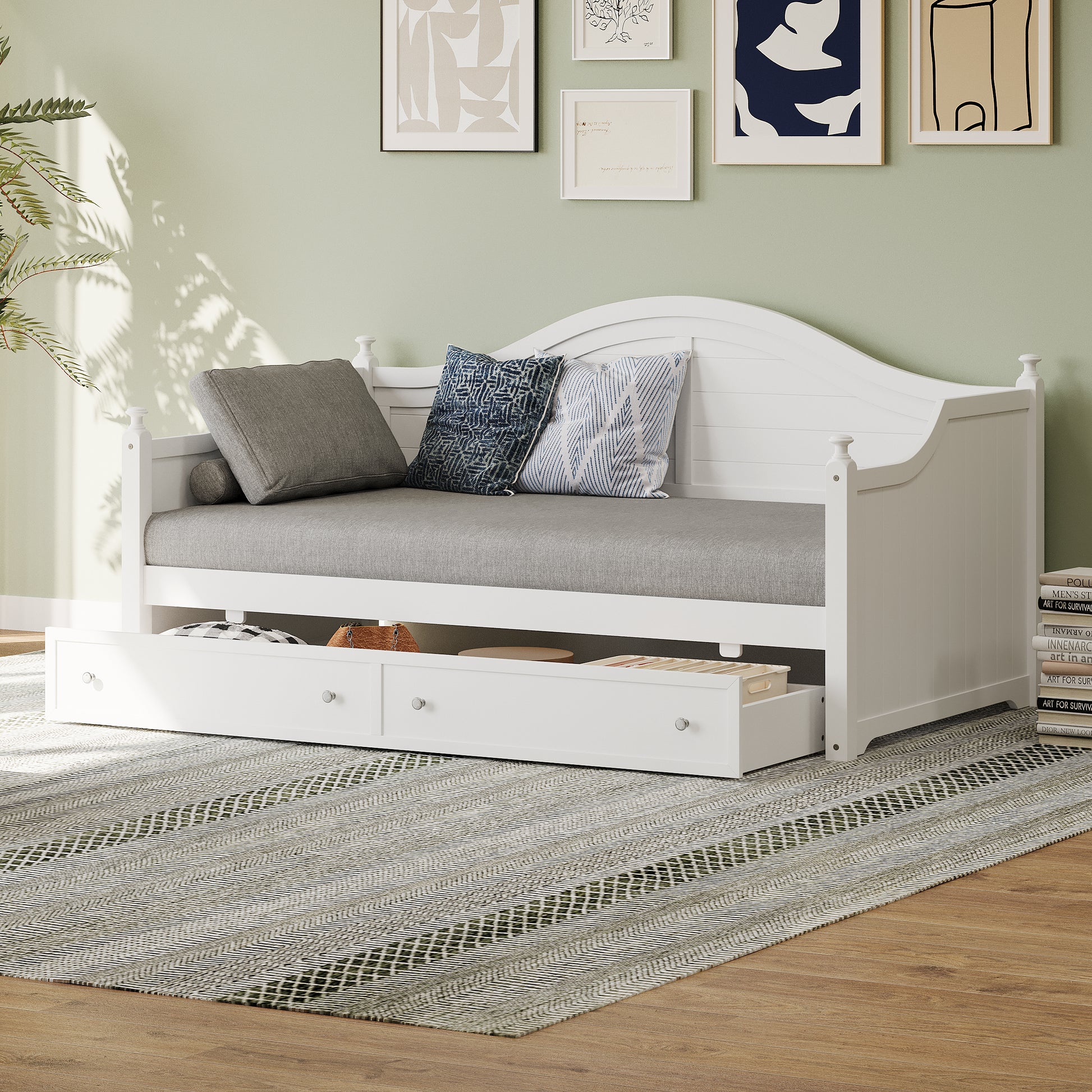 Twin Size Wood Daybed With 2 Storage Drawers ,Wooden Sofa Bed With Handrail For Living Room Bedroom, White Box Spring Not Required Twin White Wood Bedroom Wood
