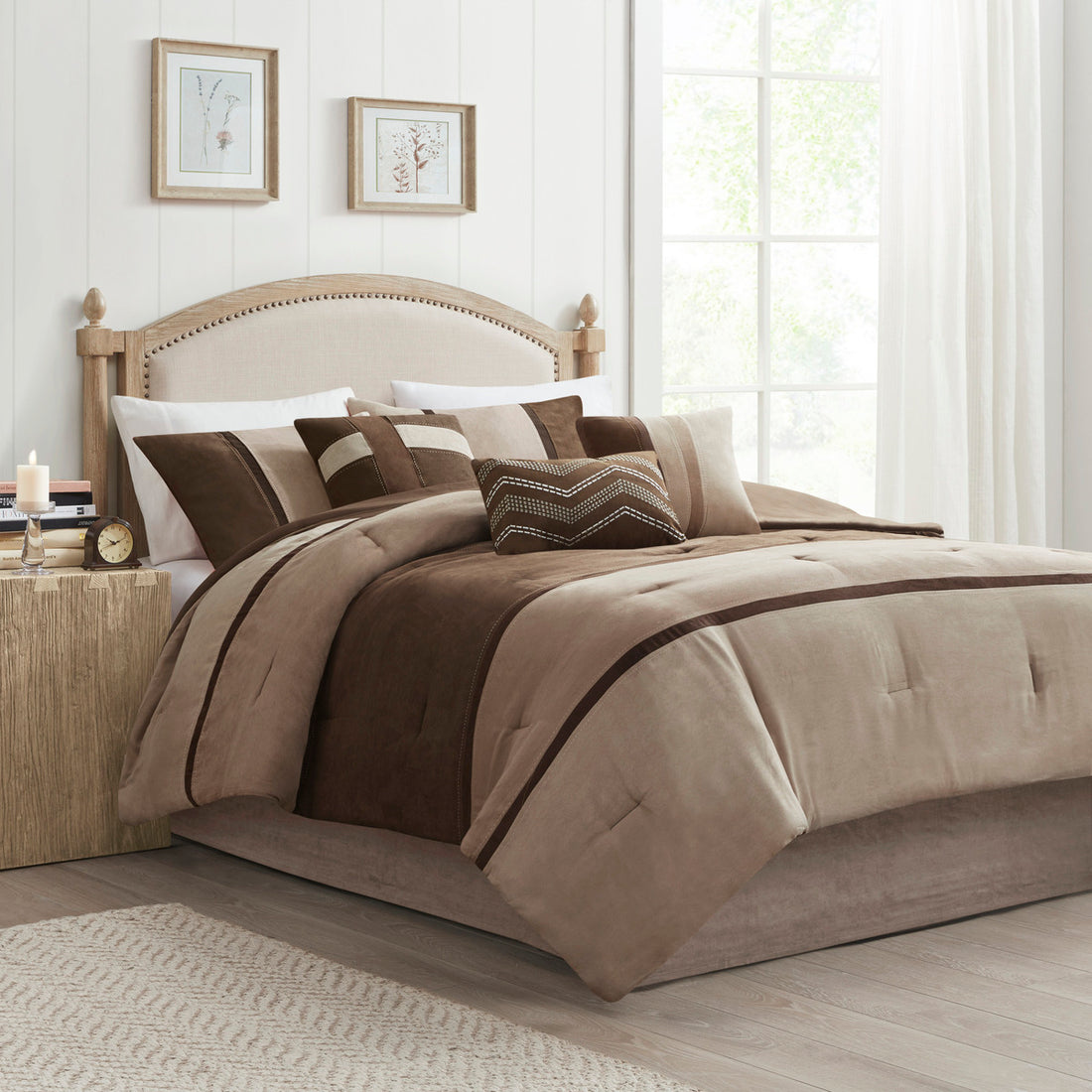 7 Piece Faux Suede Comforter Set Brown Queen Queen Brown Polyester