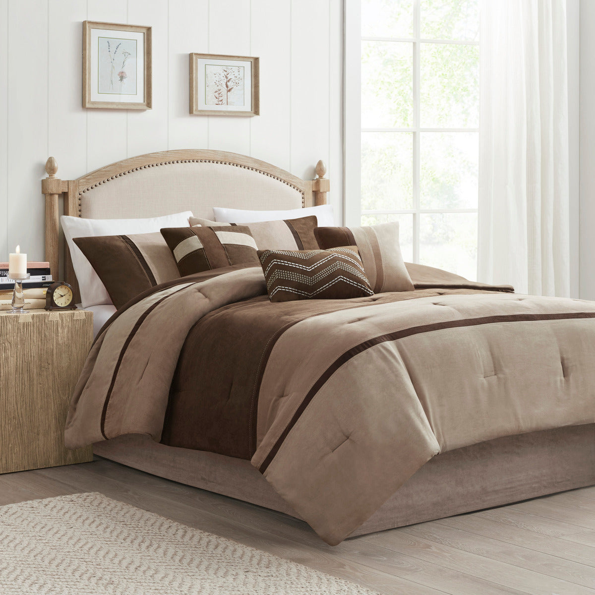 7 Piece Faux Suede Comforter Set Brown Queen Queen Brown Polyester