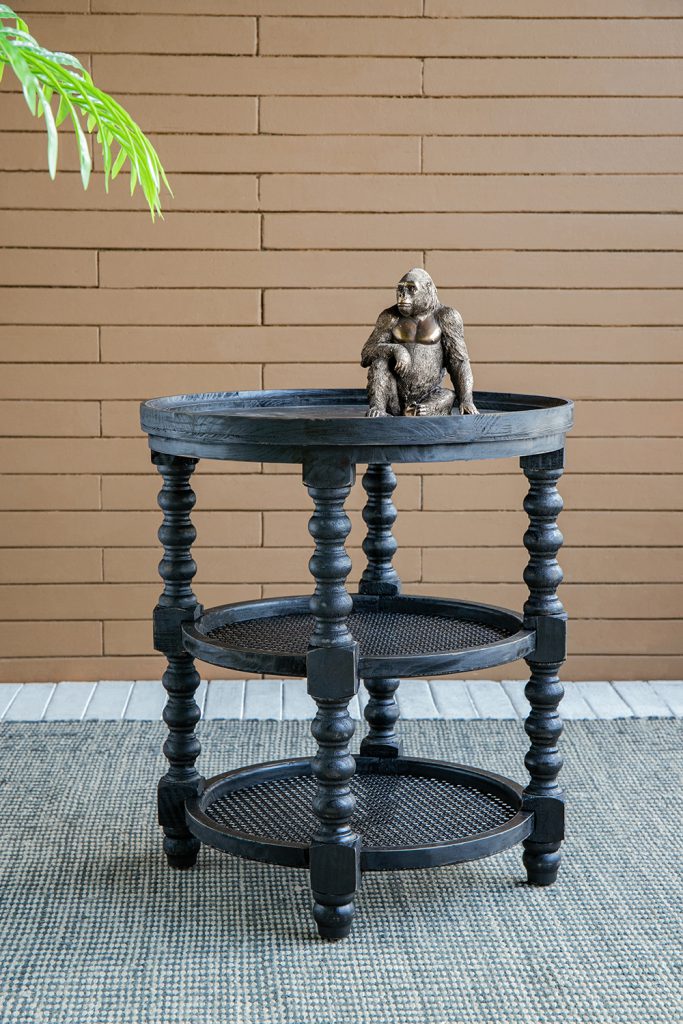 D23.5 X 25" Round Three Tiered Side Table With Rattan Shelf, Black Black Wood