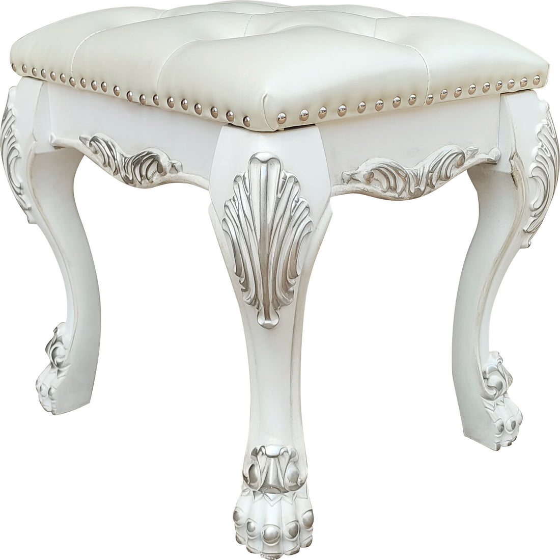 Champagne And Bone White Tufted Vanity Stool White Vanity Stools Bedroom Rectangular White Tufted Cushions Faux Leather