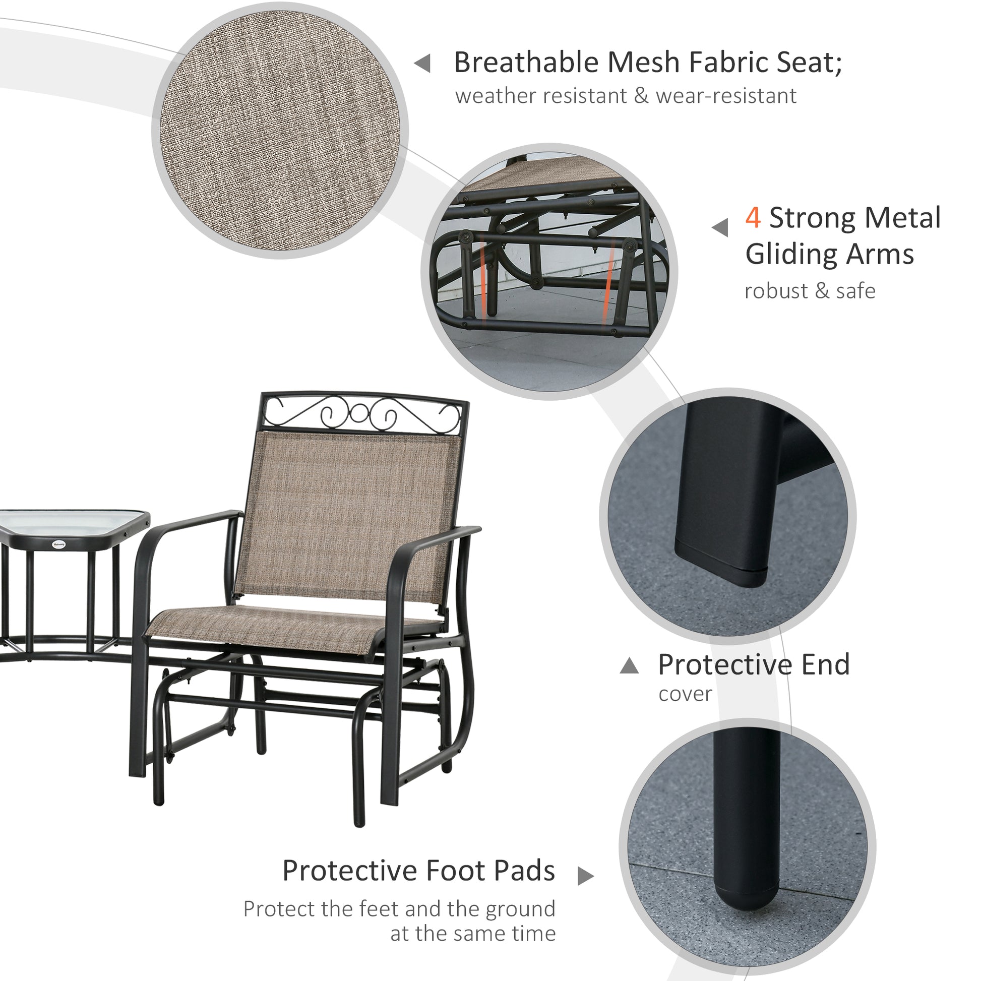 Outsunny Outdoor Glider Chairs With Coffee Table, Patio 2 Seat Rocking Chair Swing Withsling For Backyard, Garden And Porch, Brown Brown Steel