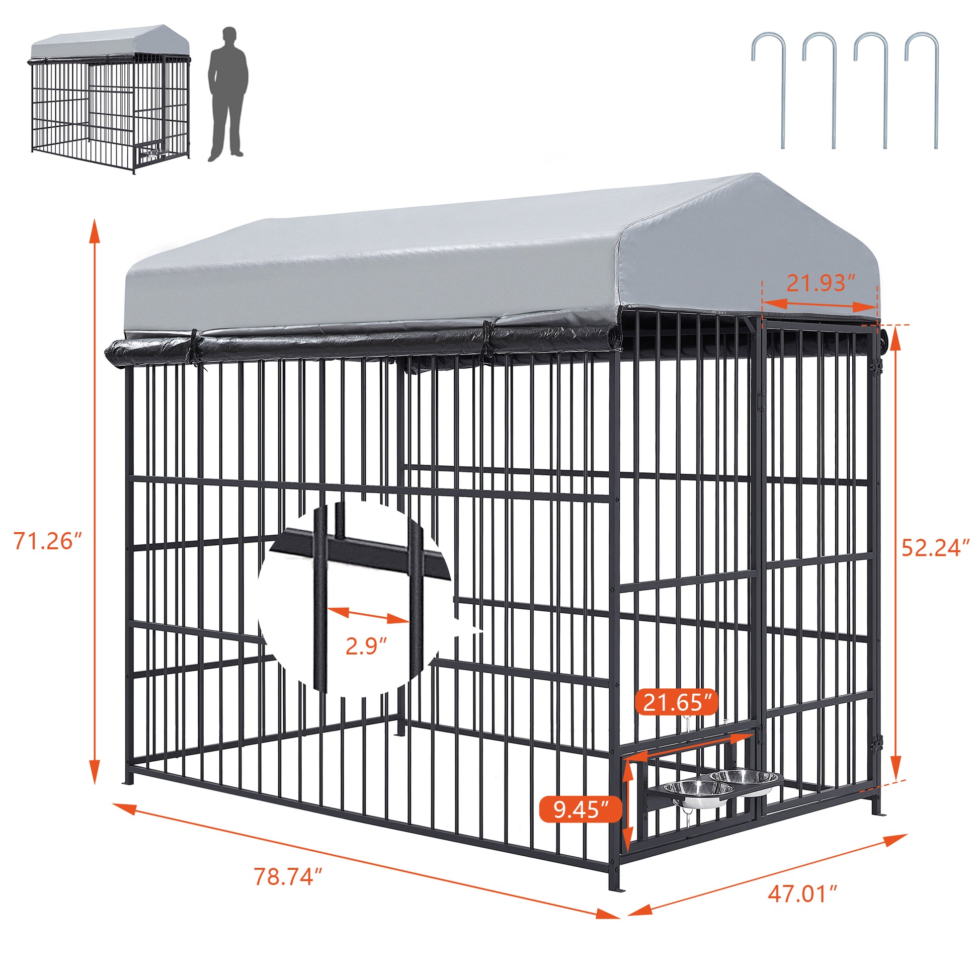 Large Dog Kennel Outdoor Pet Pens Dogs Run Enclosure Animal Hutch Metal Coop Fence With Roof Cover 6.6'L X 3.9'W X 5.9'H Black Iron