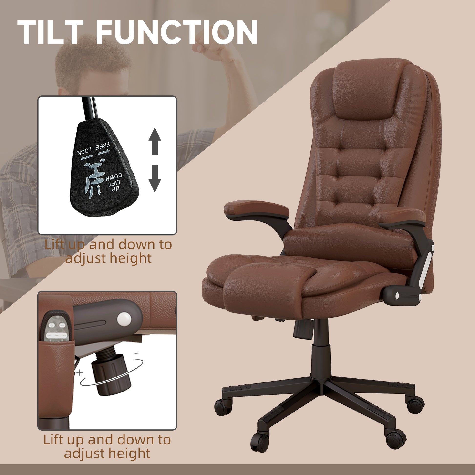 Homcom High Back Vibration Massage Office Chair With 6 Vibration Points, Heated Reclining Pu Leather Computer Chair With Armrest And Remote, Brown Brown Pu