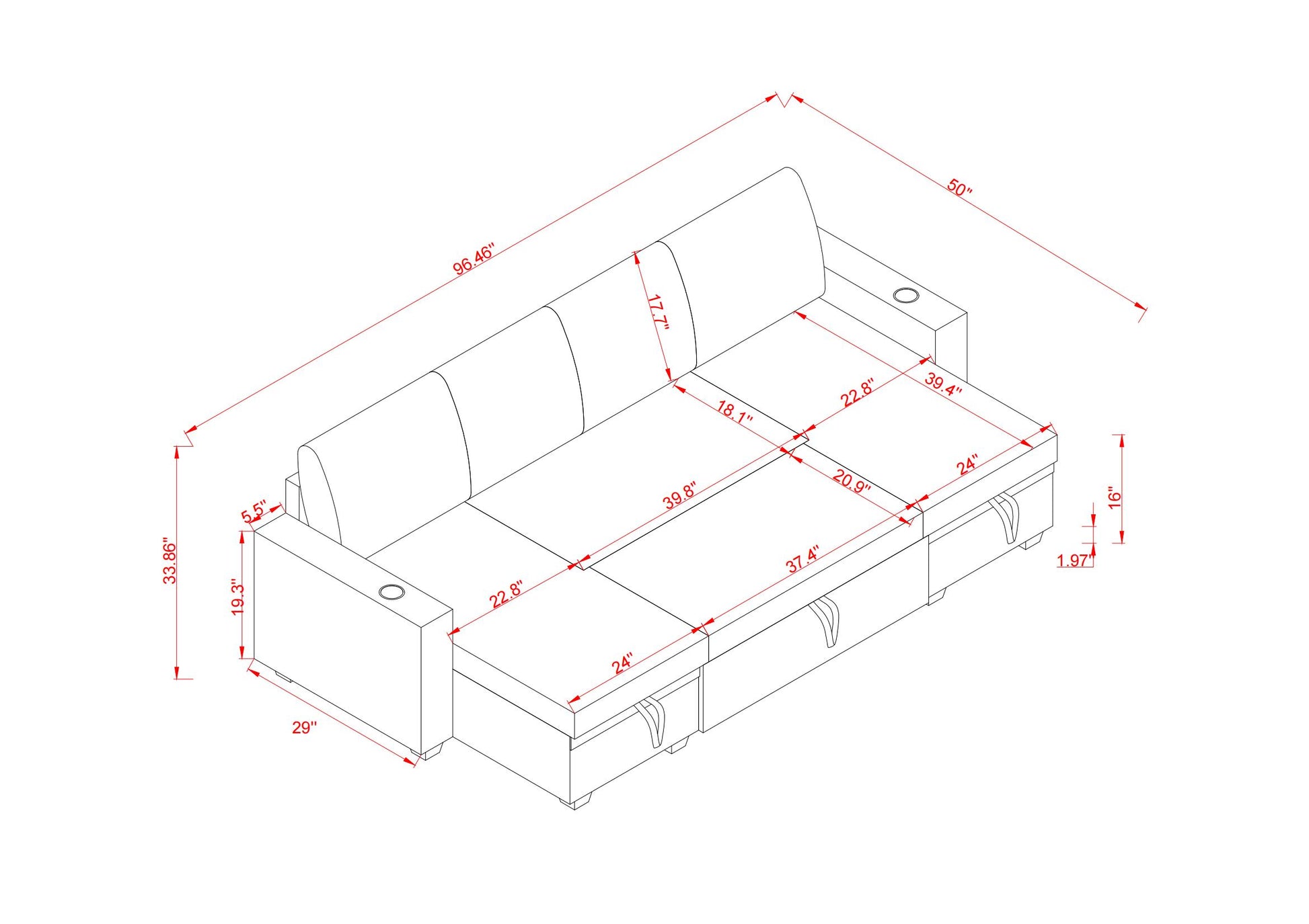 Sectional Sofa With Storage, 96" U Shaped Sectional Couches For Living Room, Comfy Convertible Sectional Sofa Dark Grey Dark Grey Linen Primary Living Space Cushion Back Soft Modern Eucalyptus Square Arms Foam Linen 4 Seat