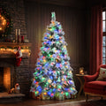 6Ft Pre Lit Spruce Snow Flocked Christmas Tree With Pine Cones, Artificial Xmas Tree With 403 Branch Tips,Mixed Pe & Pvc Branches, 250 Multi Color Led Lights, 11 Flashing Modes, Holiday D Cor White Green Polyethylene,Pvc