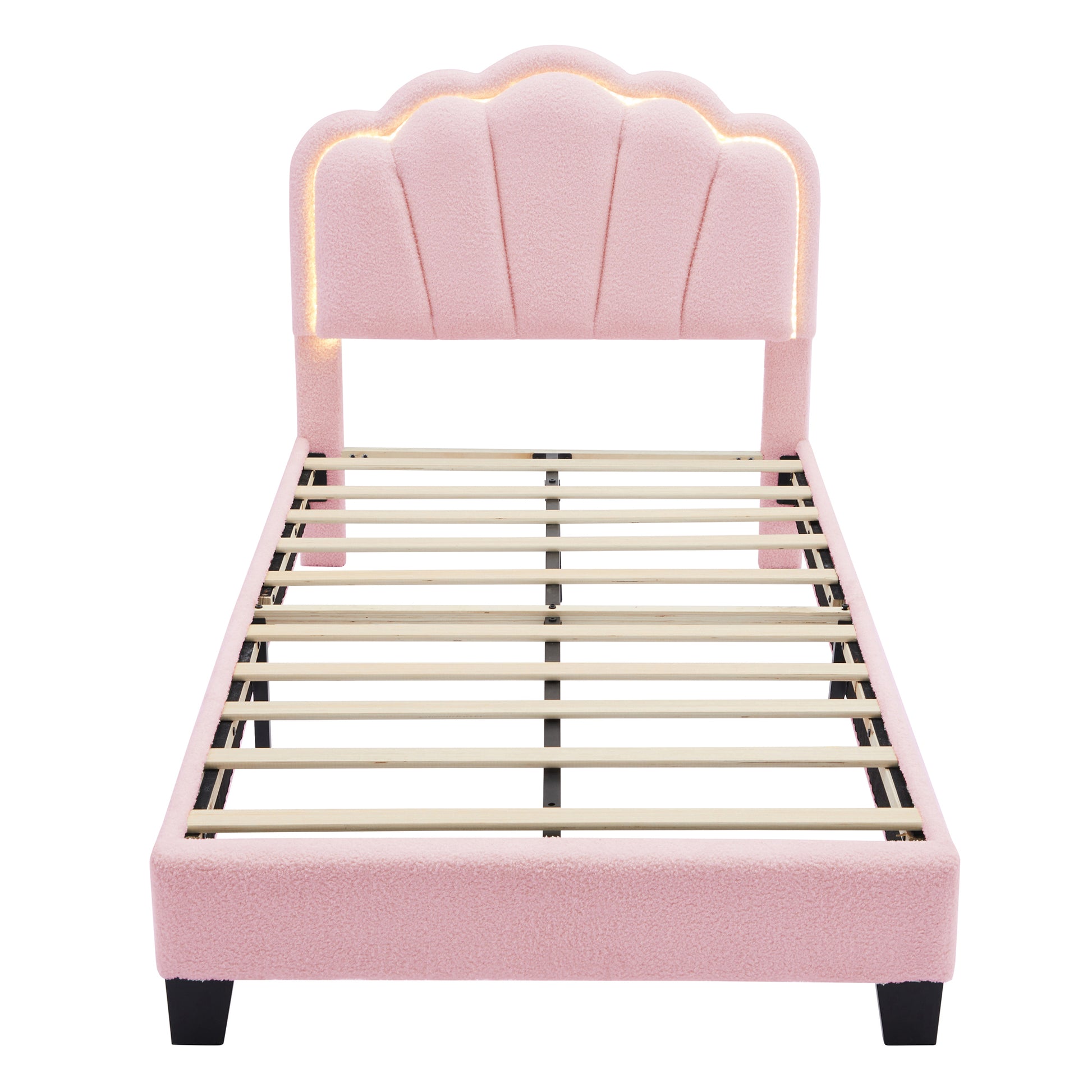 Twin Size Upholstered Flower Shape Bed, Elegant Flowers Headboard With Led Light Strip ,Sherpa Fabric Platform Bed With Wooden Slats Support, Pink Twin Pink Wood