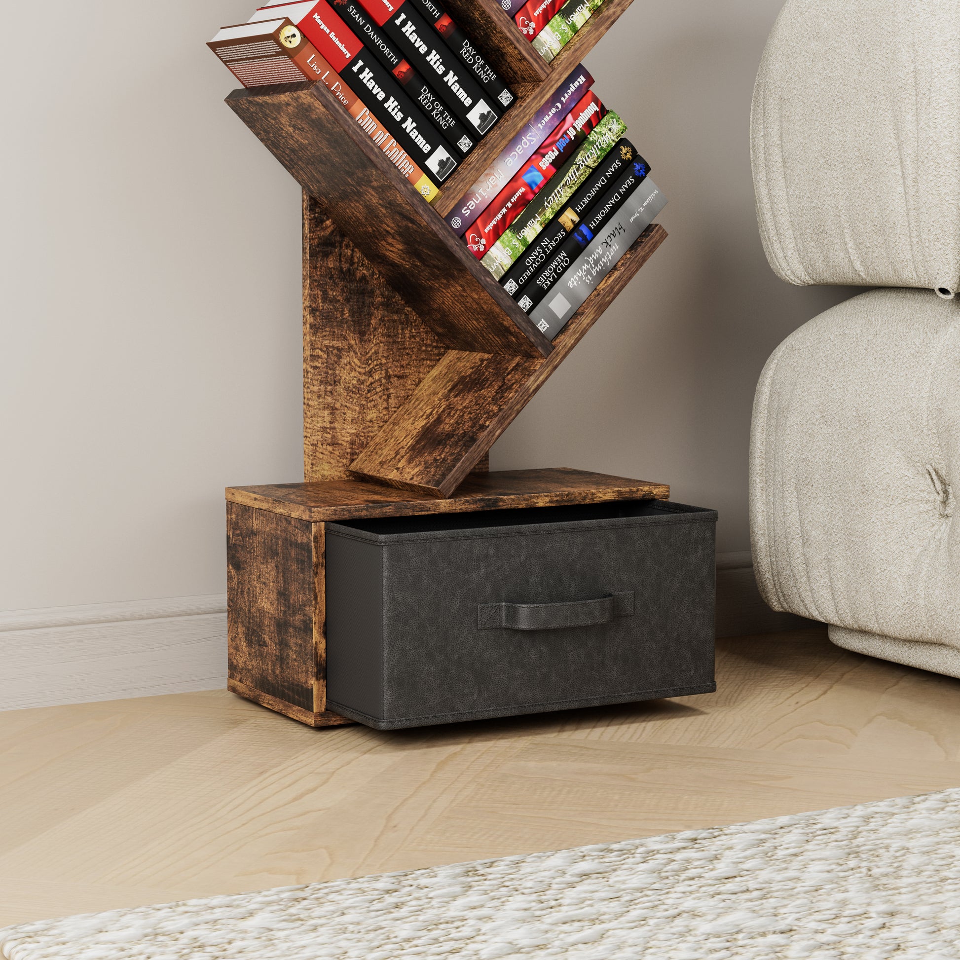 9 Tier Tree Bookshelf With Drawer Bookcase, Modern Book Storage, Free Standing Tree Bookcase, Utility Organizer Shelves For Home Office, Living Room, Bedroom, Rustic Brown Deep Rustic Brown Metal